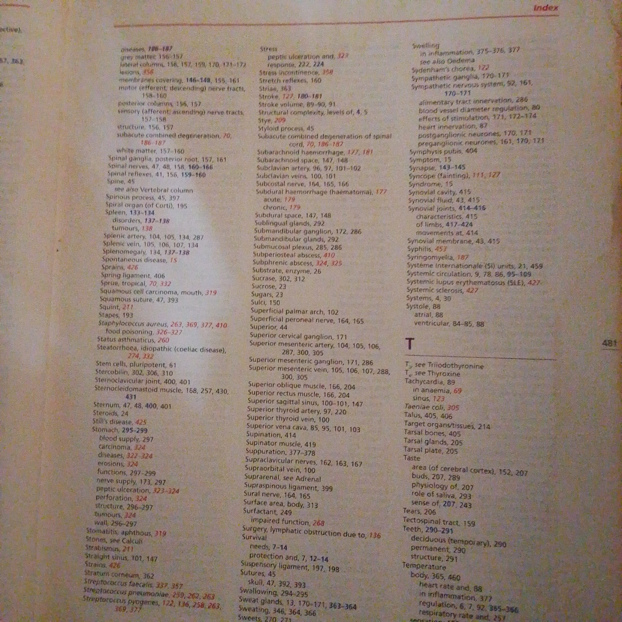 The image is a close-up of a page from a book, likely an index or glossary, with dense text and a faded red border along the top and right edge. The page appears to be aged, with some yellowing and a slightly textured surface visible. The text is printed in black ink and is organized in alphabetical order with page numbers listed next to each entry. The lighting suggests it is indoors, possibly under artificial light, as there are no shadows indicative of natural daylight. The background is slightly out of focus, hinting at the shallow depth of field. The scene is static and entirely focused on the textual content of the book. There are no people, objects other than the book itself, or any environmental cues that suggest a specific location like Jalingo, Nigeria. The visible text includes index entries such as "Spinal cord," "Stroke," "Subclavian artery," "Swelling," "Sympathetic nervous system," "Synovial cavity," "Systemic circulation," "Tachycardia," "Taste," "Teeth," and "Temperature," indicating the book's subject matter is likely related to anatomy, physiology, or medicine. The page number "481" is visible at the bottom right.