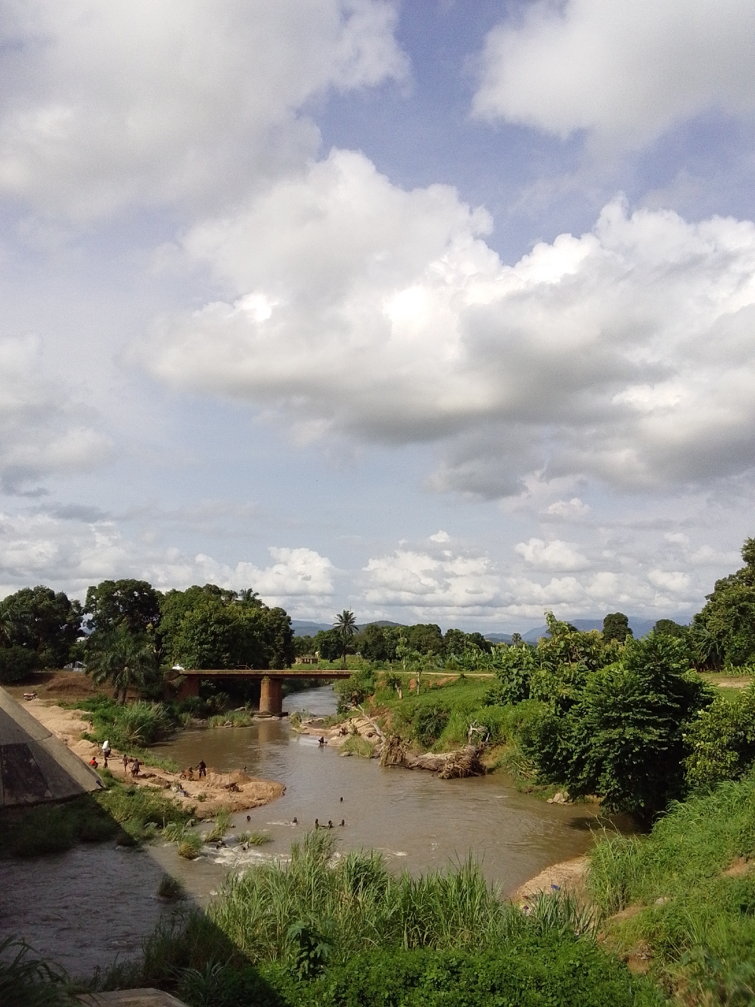 The image depicts a wide river with a brown, murky surface, flowing through a lush, green, rural landscape. A concrete bridge with stone supports spans the river in the middle ground, and a dirt road runs along the bank. The riverbanks are lined with thick vegetation, including tall grasses and various trees, some with dark green foliage and others with lighter, feathery leaves. In the distance, a range of low hills can be seen under a sky filled with dramatic, puffy white and grey clouds.
On the left bank of the river, near the concrete structure, a small group of people are gathered on a sandy patch. Some appear to be children playing or wading in the shallow water. Further down the river, more individuals are in the water, some swimming and others standing near the bank. On the right bank, the vegetation is dense and extends to the horizon. A lone palm tree stands out amongst the other trees on the right. The overall impression is of a natural, somewhat undeveloped area, likely a village or rural community in Nigeria where the river serves as a central gathering point for recreation.