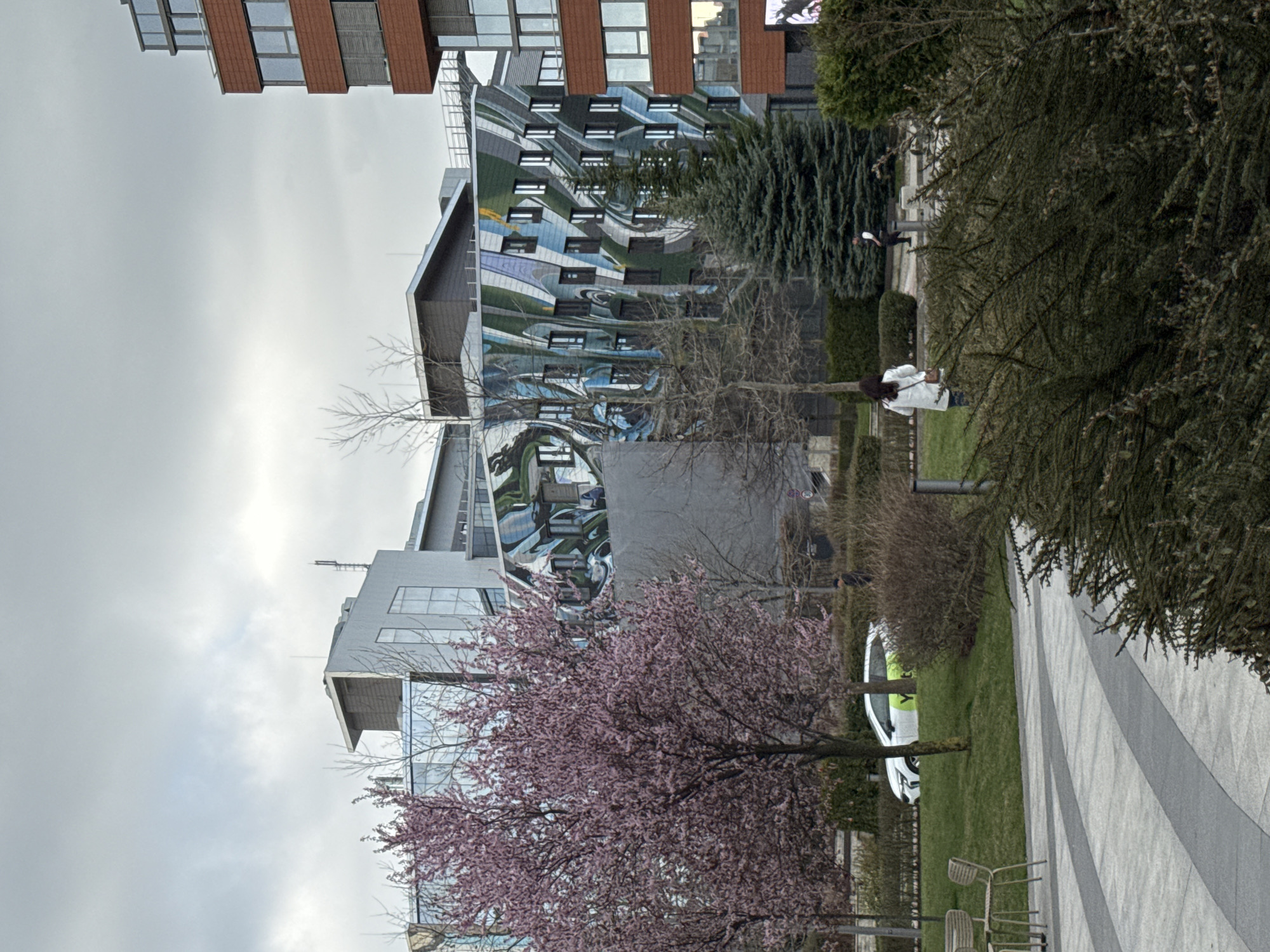 The image captures a cityscape in Sofia, Bulgaria, featuring a modern architectural landscape. A building with a distinctive, wavy, mirrored facade is prominently displayed, adjacent to a more traditional brick building. In the foreground, a blossoming tree with pink flowers adds a touch of nature to the urban scene. A paved walkway stretches into the distance, lined with trees and greenery. A person in a white coat is walking on the walkway. Also, a white car is visible, parked on the grass between the buildings and the walkway. The sky is overcast, suggesting a cloudy day.