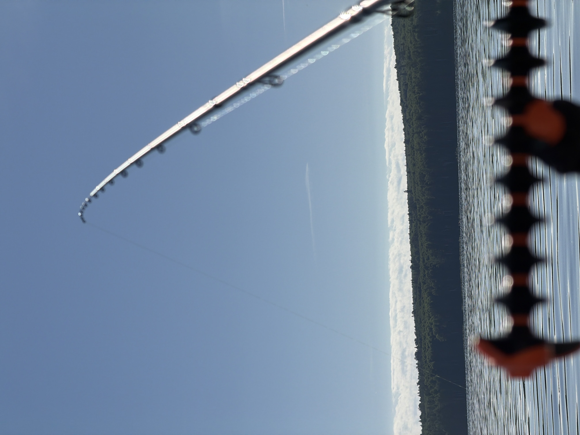 An out-of-focus fishing rod is held over rippling blue water under a clear sky with a few wispy clouds. The background shows a dense forest of green trees lining a distant shoreline. The scene appears to be set in Chaikovsky, Russia, likely on the Kama River or one of its tributaries, given the presence of a wide body of water and surrounding forests common in the region.