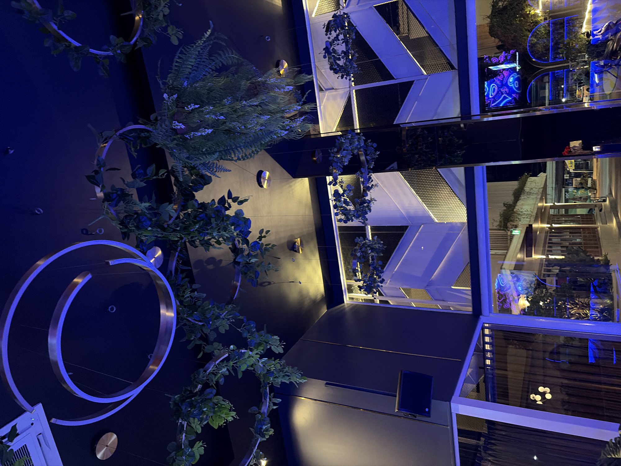 The image depicts the interior of a modern establishment, possibly a restaurant or lounge, with a striking blue lighting scheme. In the foreground, a large glass-enclosed area reveals a glimpse of the interior, with dark curtains and reflected ceiling lights. Above, a black ceiling is adorned with several circular light fixtures, some featuring metallic rings and integrated blue LED lighting. Lush green artificial plants hang from some of these fixtures, cascading downwards.
The background features a multi-story structure with a geometric facade, characterized by sharp angles and a combination of white panels, metallic grids, and illuminated blue accents. A large, dark, reflective pillar stands prominently in the mid-ground, reflecting the surrounding architecture and lighting. To the right, a flat-screen television displays a vibrant, abstract graphic with blue and purple hues.
The overall ambiance is sleek and contemporary, with the intense blue lighting creating a sophisticated and somewhat dramatic atmosphere. The scene appears to be captured at night or in a dimly lit environment. The location is identified as Unknown, Unknown.