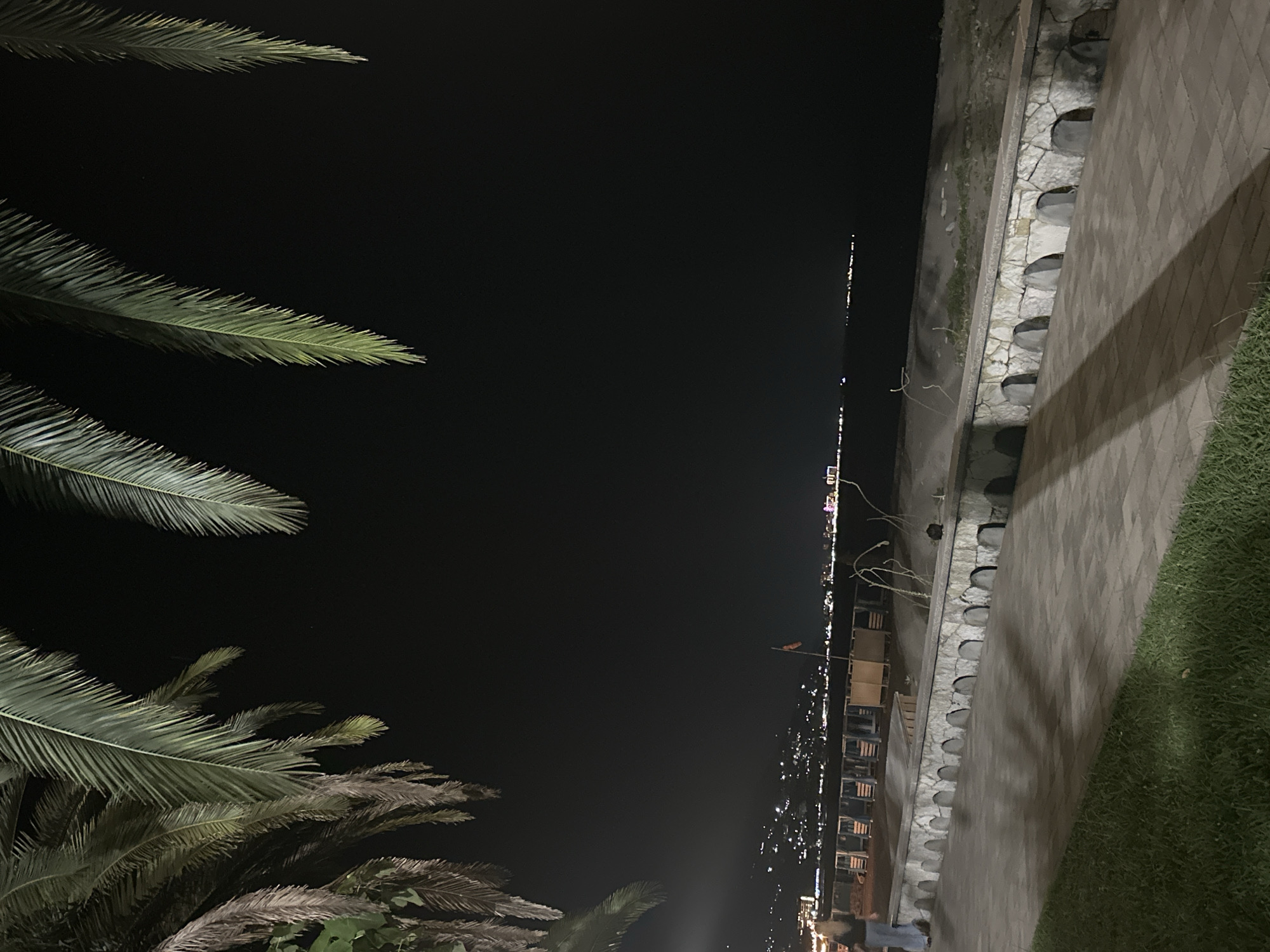 The image shows a night view of a promenade in Abkhazia, likely in the city of Abaata, with palm fronds in the foreground. The promenade features a stone-tiled walkway and a decorative stone wall with arched openings. Beyond the wall, a beach area is visible with rows of empty lounge chairs, suggesting a public beach or resort. In the distance, the lights of a city or town illuminate the coastline, with buildings and illuminated structures visible. The sea stretches to the horizon under a dark night sky. A single person, a woman with blonde hair, is walking on the promenade towards the left side of the frame.