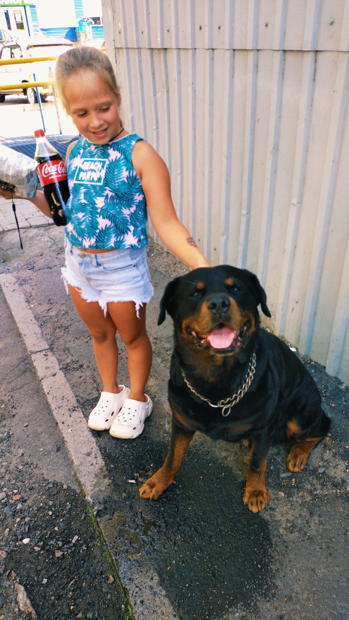 A young Caucasian girl, with blonde hair tied back, stands outdoors next to a Rottweiler dog, in what appears to be the city of Horishni Plavni, Ukraine. The girl is wearing a blue and pink patterned sleeveless top and light-wash denim shorts, and white clogs. She is holding a bottle of Coca-Cola and a white bag in her left hand. Her right hand rests on the dog's head. The Rottweiler, a large black and tan dog, is wearing a thick silver chain around its neck and is sitting on the ground, looking directly at the camera with its mouth open. They are positioned on a paved area next to a grey corrugated metal wall. The ground is wet and gritty, with some scattered stones and moss. In the background, out of focus, are buildings and a yellow barrier. The overall lighting suggests it is daytime, possibly a slightly overcast or shaded condition.