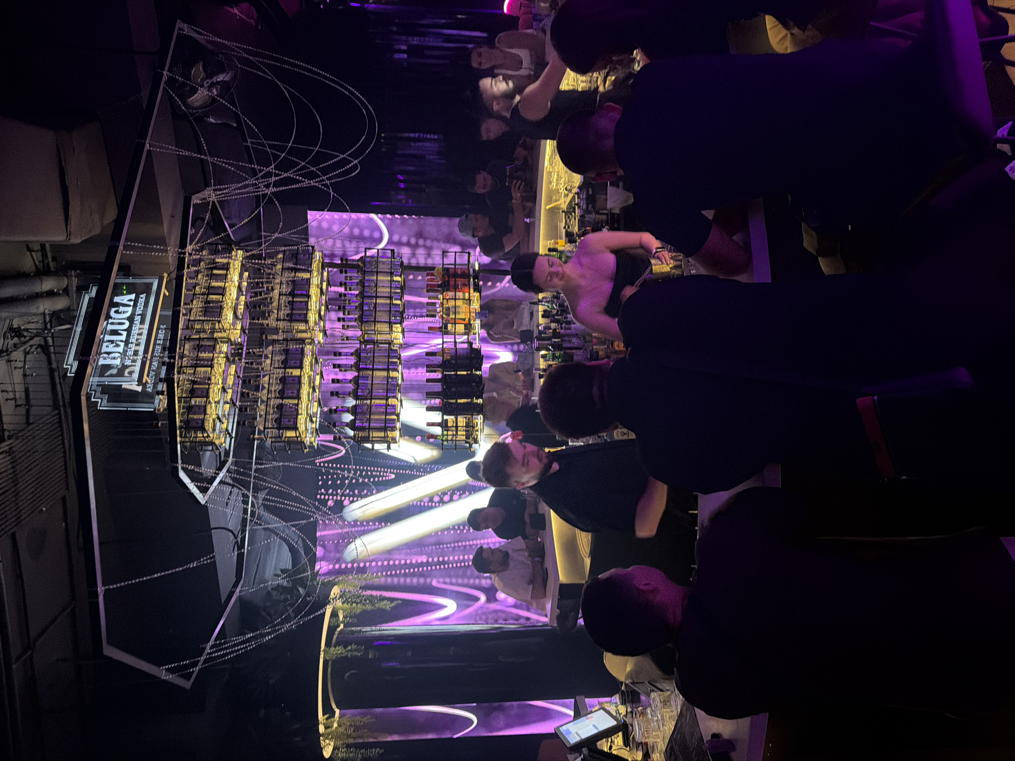 The image depicts the interior of a dimly lit bar, possibly located in Sochi, Russia, with a prominent "BELUGA" sign indicating a focus on the brand. A multi-tiered bar shelving unit, illuminated by golden lights, is filled with bottles of Beluga vodka. Patrons are seated and standing around the bar, interacting with bartenders who are preparing drinks. The ambiance is enhanced by purple lighting and decorative chains hanging from the ceiling. Several individuals are visible, some appearing to be conversing, while others are engaged in receiving or serving beverages. The overall scene suggests a lively and social environment typical of a bar or nightclub.