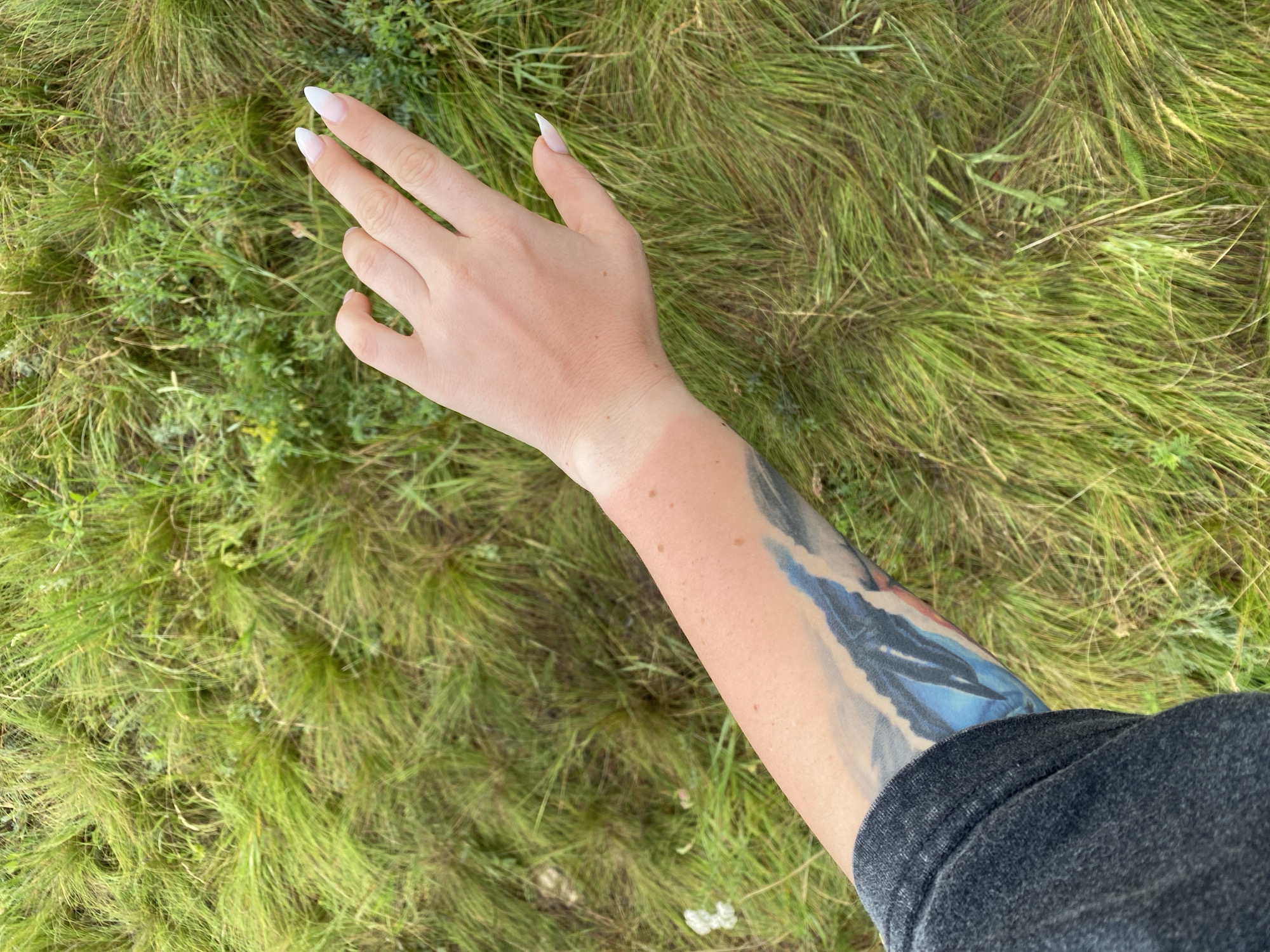 The image shows a person's arm against a background of tall green grass. The arm is tanned on the lower part, indicating a tan line. There is also a tattoo visible on the lower arm, featuring shades of blue and white. The person's hand is raised, with long, white-tipped fingernails. The background suggests an outdoor, natural setting, possibly a field or meadow, with an abundance of lush grass. No specific landmarks or elements are visible to indicate a location within Абзаново, Russia.