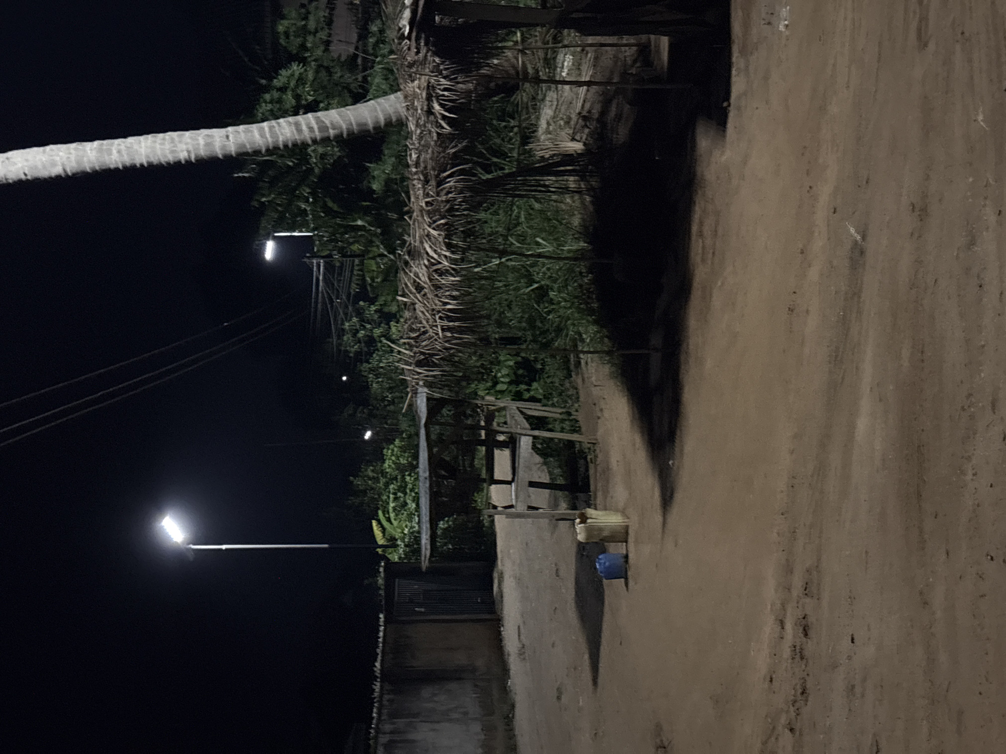 The image is a nighttime outdoor shot in Ikot Ekpene, Nigeria, illuminated by streetlights. A dirt road occupies the right side of the frame. A small wooden structure with a thatched roof, possibly a roadside stand or shelter, is positioned near the road. A palm tree trunk extends into the frame from the upper left. The scene is dimly lit, with visible foliage in the background and a wall on the left side. Objects such as buckets are near the wooden structure.
