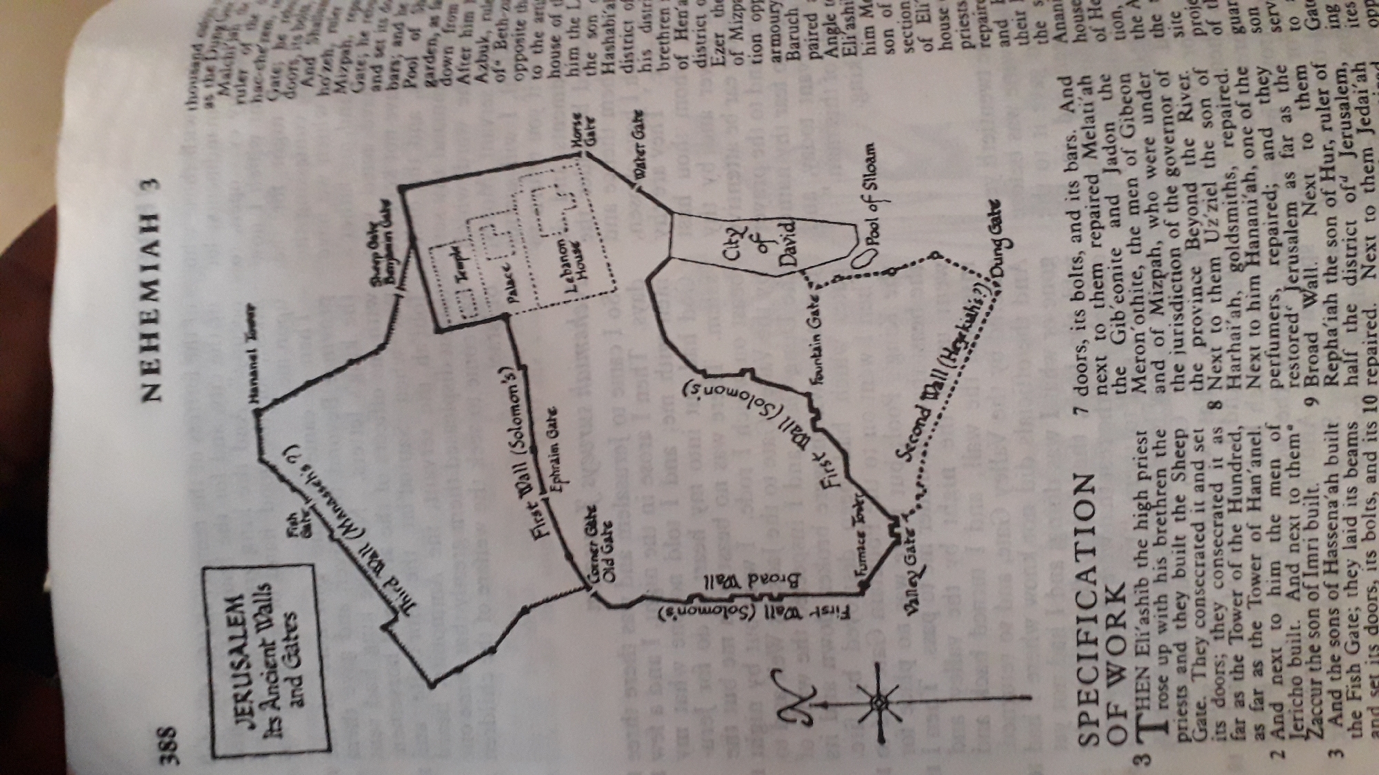 The image is of a page from a book. The page is about Jerusalem and includes a map of the city with its ancient walls and gates. The map is labeled with names of gates, walls, and other locations. The book page also has text that appears to be a specification of work related to Jerusalem.