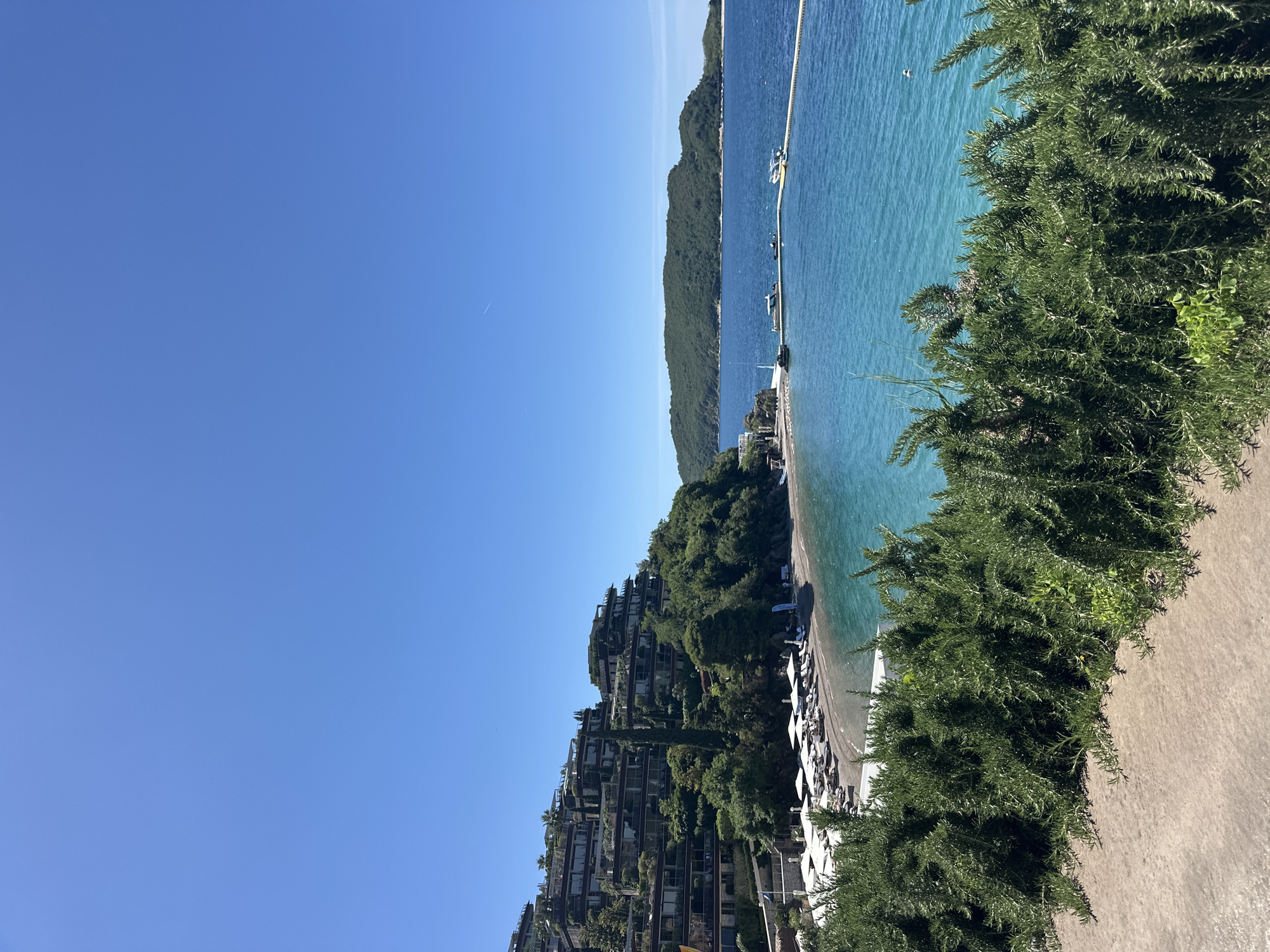 The image captures a scenic view in Budva, Montenegro. The scene consists of a beach with rows of white umbrellas and loungers, indicating a resort area. Behind the beach, there is a multi-story building complex embedded within lush greenery, suggesting an upscale residential or hotel area. The clear turquoise water extends to the horizon, bordered by a mountain range in the distance. The sky is clear blue, indicating a sunny day. There is a pontoon or dock extending out into the sea. A dense green hedge-like plant dominates the foreground.