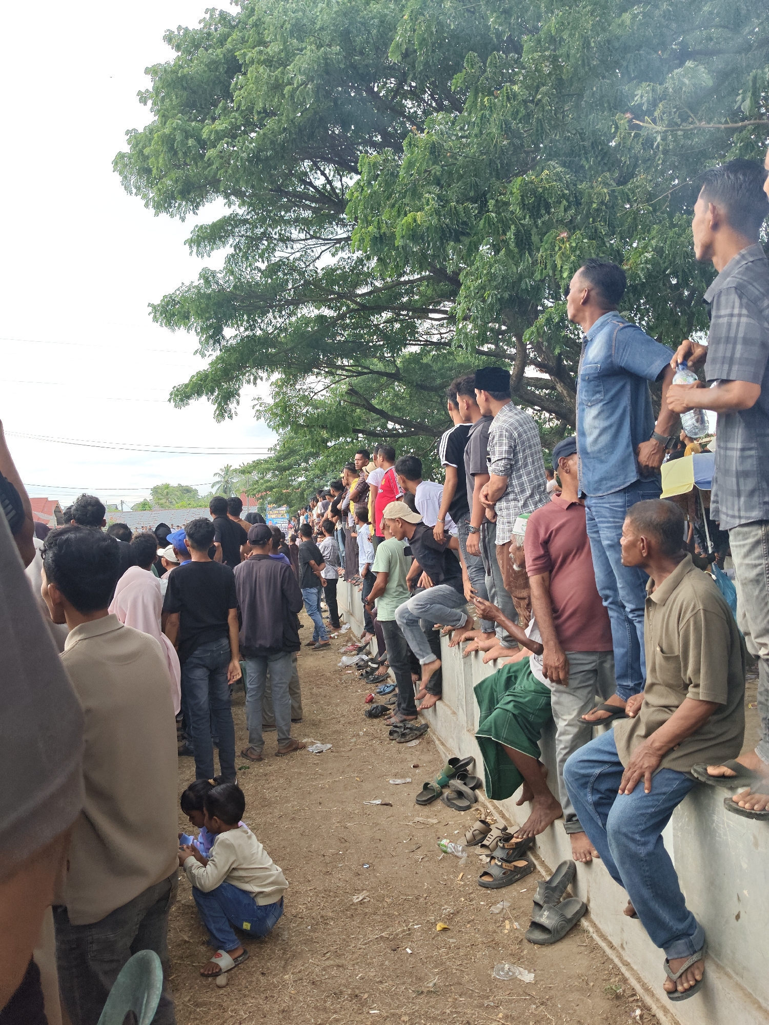 A medium-shot, slightly elevated, eye-level perspective captures a crowd of people gathered outdoors, seemingly observing an event. The scene is set in Desa Meunasah Blang, Indonesia, indicated by contextual information. A large tree with dense green foliage dominates the upper portion of the image, its branches extending across the frame and providing shade. The ground is composed of dirt and pebbles, with scattered debris.
In the foreground, a man in a tan shirt and jeans is partially visible on the left. Two children are crouching in the center, appearing to be engaged with a phone. A wall runs horizontally across the middle ground, along which a group of men are seated or leaning. They are dressed in various casual clothing, including t-shirts, button-down shirts, and jeans. Some are looking towards an unseen point of interest. A collection of sandals and flip-flops is visible on the ground near the wall.
Further back, a larger crowd of men stands, many wearing t-shirts and jeans. Some are looking in the same direction as those on the wall. The background reveals buildings with red roofs and more trees, suggesting a semi-urban or village environment. The sky is overcast. The overall impression is one of a community gathering, with a sense of anticipation or observation.