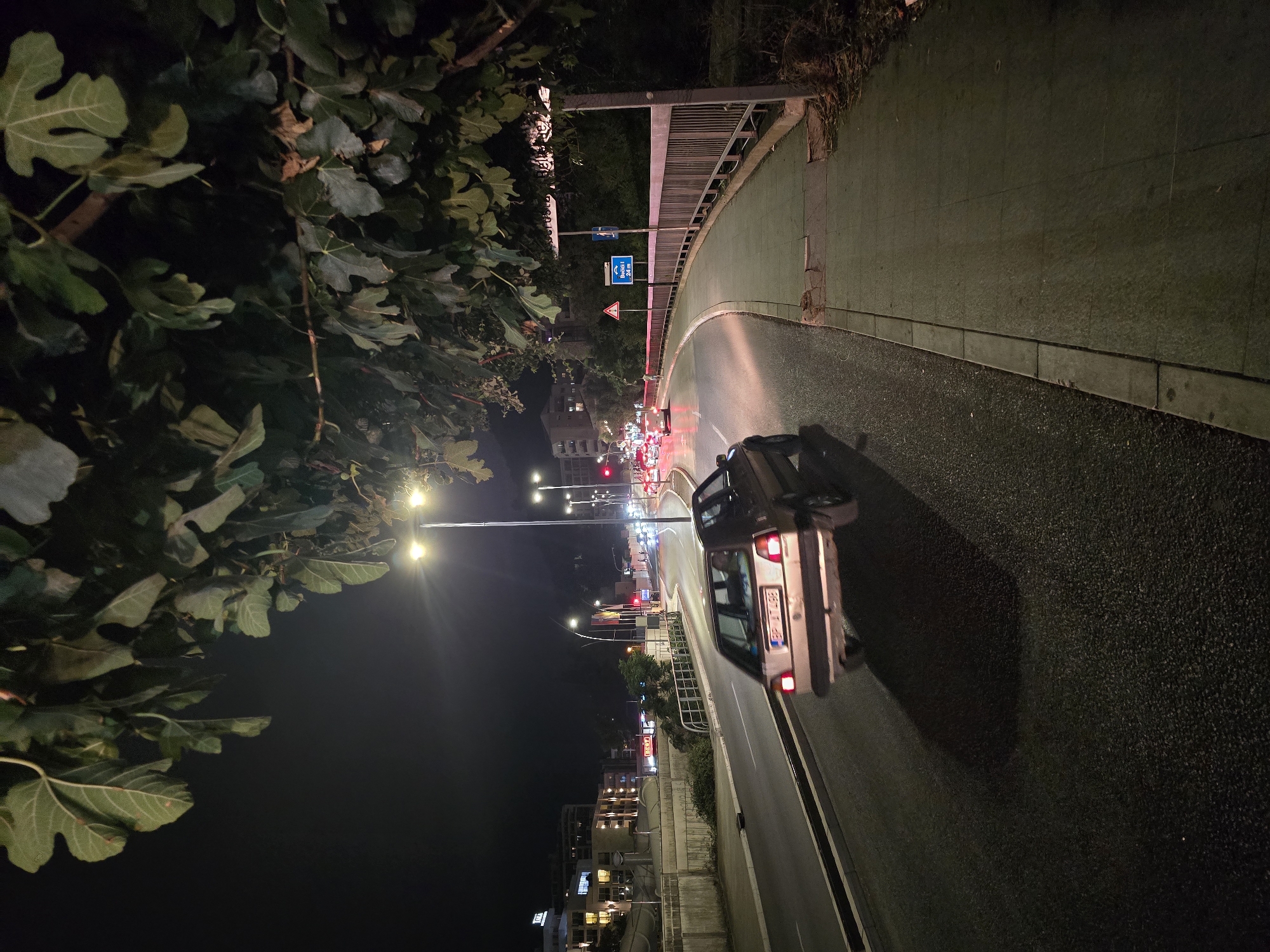 The image depicts a night scene on a curved road in Bečići, Montenegro. A light-colored hatchback car, possibly a Volkswagen Golf, is driving away from the viewer on the right lane of the road. The car's license plate, partially obscured, appears to read "BP JT 488". Streetlights illuminate the road and a sidewalk on the right side of the frame. The sidewalk is bordered by a metal railing and has some debris on its edge. In the background, buildings with illuminated windows are visible on the left, and traffic lights glow red in the distance. Lush green foliage from a tree overhangs the top of the image, casting shadows. A road sign with an arrow pointing right and text including "Bečići" and "24 m" is visible on the right.