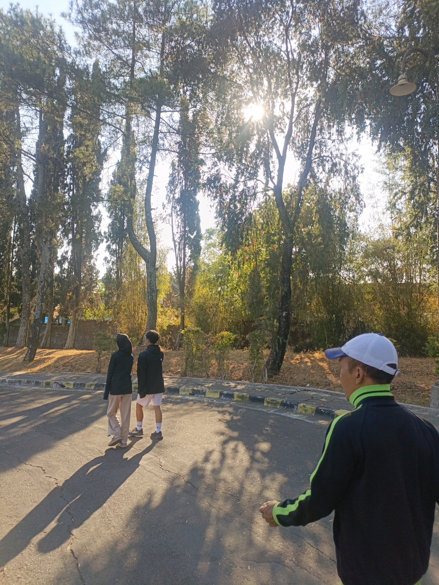 This image depicts a group of people in an outdoor setting, likely a park or a campus, with tall trees lining a paved pathway. The sun is shining brightly, casting long shadows across the ground. In the foreground, a person wearing a black jacket with bright green accents and a white baseball cap is facing away from the camera, seemingly walking. Behind this person, two individuals are walking towards the left of the frame. One person is wearing a black hijab and a black jacket with light-colored pants. The other individual is wearing a black jacket and shorts, with white socks and sneakers. The background features dense foliage and more trees, with the sunlight filtering through the leaves. The paved area appears to be a road or a walkway, with a curb and yellow and black markings. The overall atmosphere suggests a pleasant, sunny day, possibly in the morning or late afternoon, given the angle of the sunlight and the length of the shadows. The image might have been taken in an area with lush greenery, consistent with many locations in Batu, Indonesia, known for its natural beauty and cooler climate.