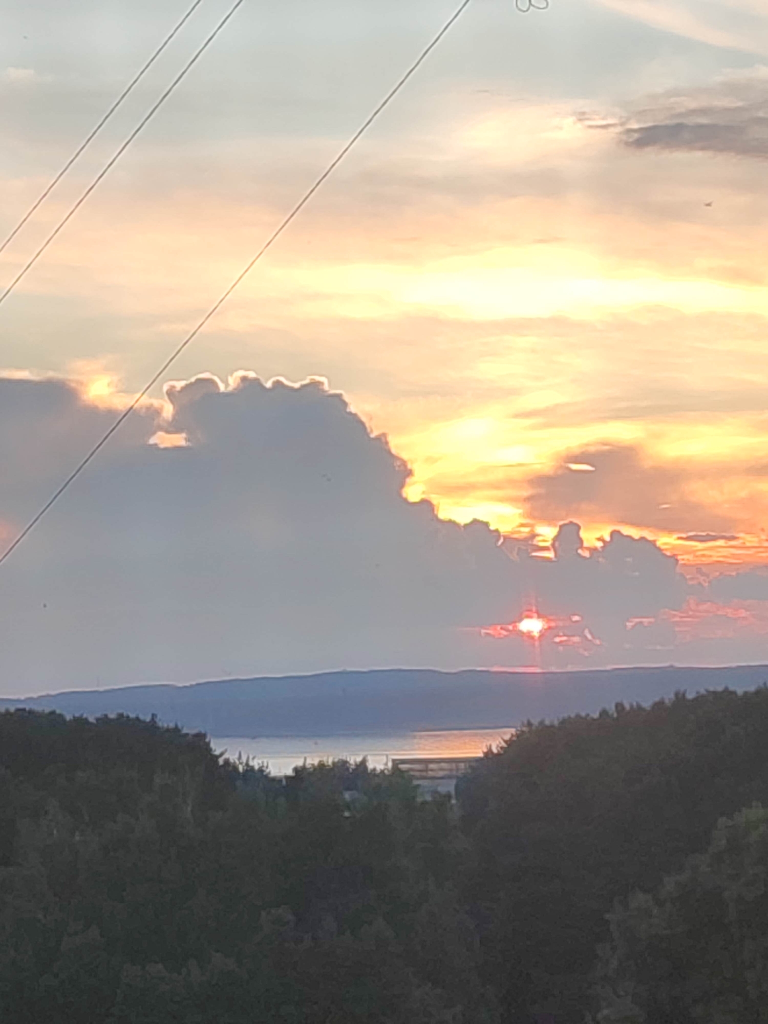 An overhead view captures a natural landscape at sunset. The sky is a canvas of soft yellow and orange hues, interspersed with dramatic clouds. A body of water stretches across the middle ground, reflecting the warm glow of the setting sun. The foreground is dominated by a dense canopy of dark green trees, creating a stark contrast with the vibrant sky. The scene is bisected by three prominent power lines that stretch diagonally across the frame, a man-made element in an otherwise natural panorama. The overall impression is one of serene natural beauty, with the man-made lines serving as a subtle reminder of human presence.