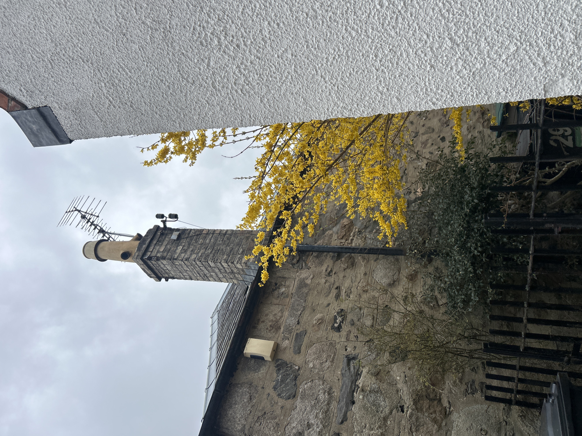 The image shows a low-angle view of a stone building facade under a cloudy sky in Aberdeen City, United Kingdom. A prominent brick chimney with a television antenna extends upwards, and branches with yellow flowers are visible against the stone wall. A security light is mounted on the wall. A metal fence and number 29 are visible. The top of the frame features an overhanging white textured surface.