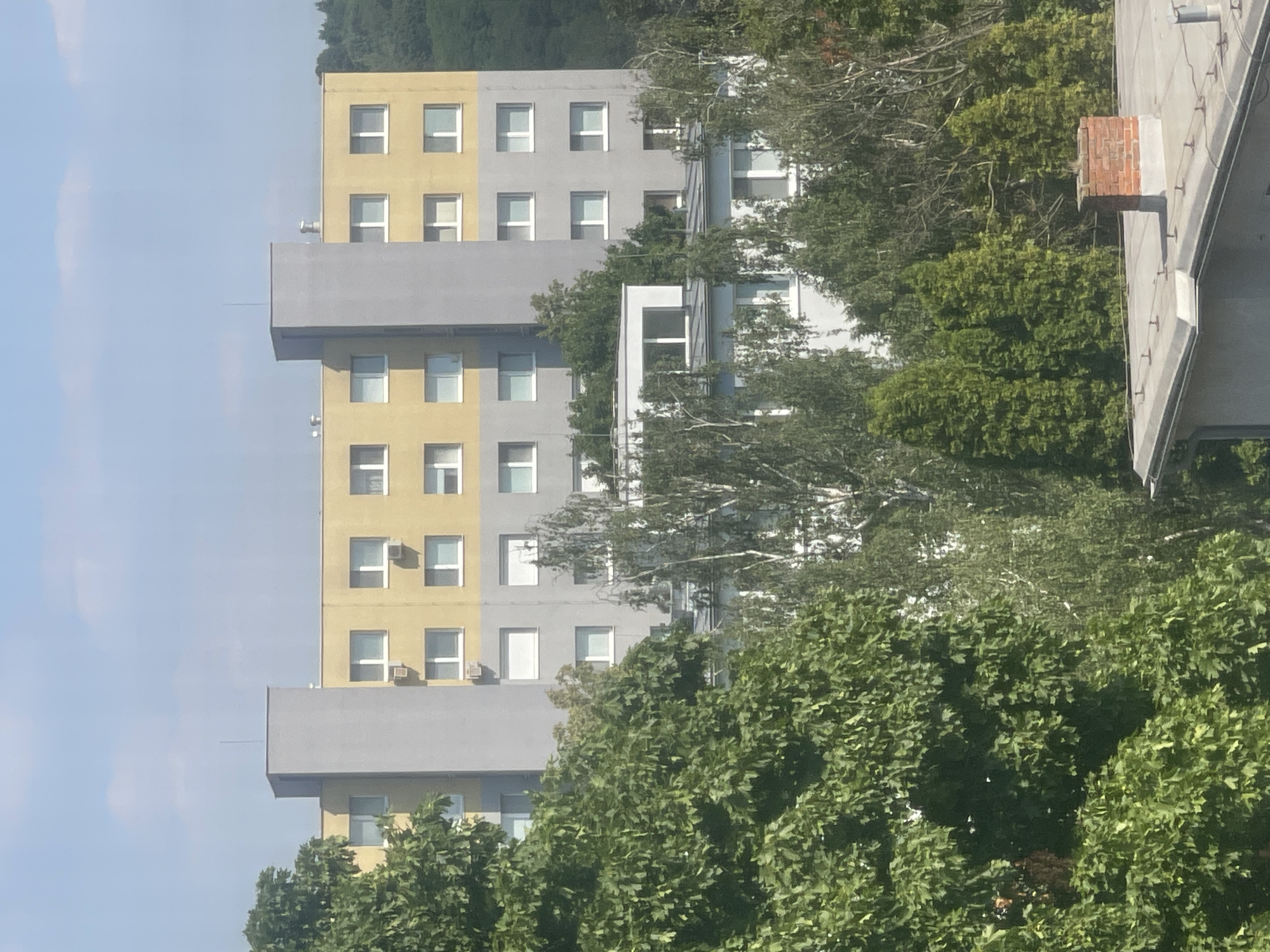 The image shows a large, modern apartment building with a yellow and grey facade, set against a backdrop of trees and a bright sky. The building is several stories tall, with numerous windows and some visible air conditioning units. In the foreground, lush green trees obscure parts of the building and extend across the bottom of the frame. The top of another building with a pitched roof and a brick chimney is visible at the very bottom of the image. The scene appears to be an exterior view, likely from a distance, suggesting an urban or suburban environment.
