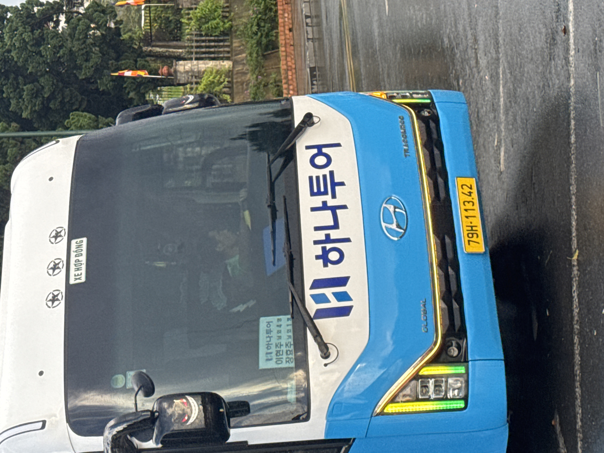 This is a medium shot of a blue and white bus parked on a wet asphalt road. The bus has a Korean travel agency logo, "Hana Tour", on its front. The license plate reads "79H-113.42". In the background, there are trees and a stone fence with Buddhist flags. The scene is likely Da Lat, Vietnam, a city known for its cooler climate and pine forests. The bus appears to be in operational condition, and the road is damp, suggesting recent rain. There are no people clearly visible in the frame.