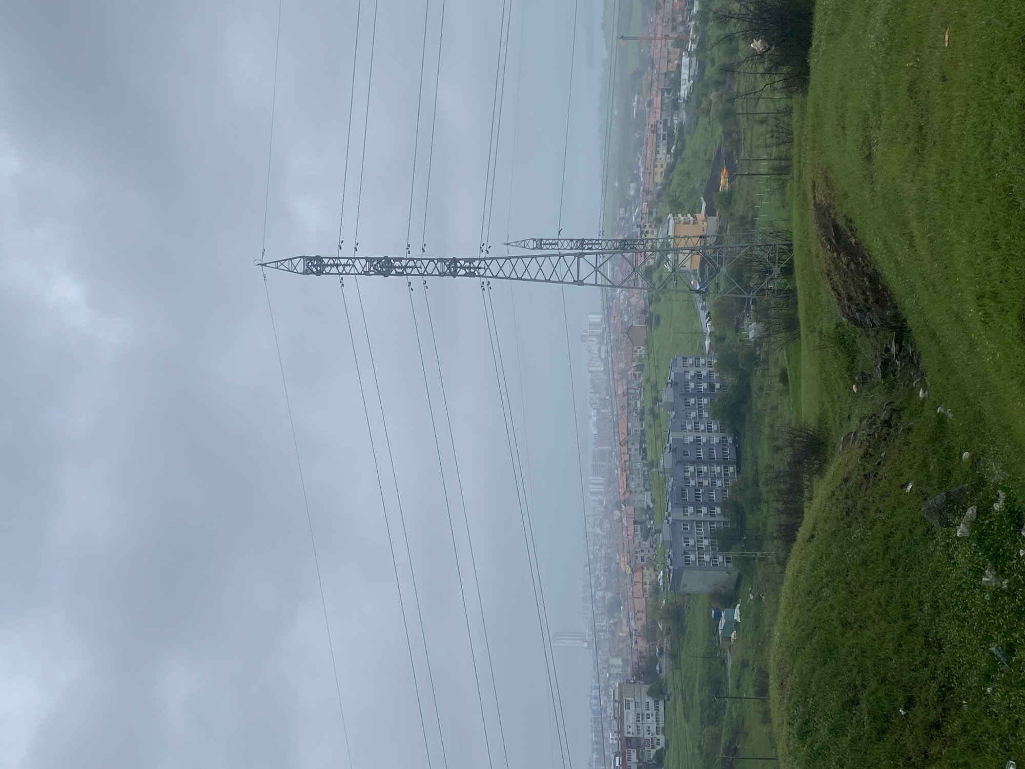 A panoramic landscape captures a sprawling urban area nestled amidst rolling green hills under an overcast sky. A prominent, tall electricity pylon, constructed from a lattice of metallic beams, stands centrally in the mid-ground, serving as a focal point. Numerous power lines extend horizontally across the upper and middle portions of the frame, converging at the pylon and disappearing into the distance.
The sky is a uniform, muted grey, indicating a cloudy or possibly rainy day, and contributes to the soft, diffused lighting of the scene. In the foreground and right mid-ground, lush green grassy slopes dominate, with patches of darker earth or denser vegetation visible. Beyond the pylon and the immediate foreground, an extensive town or city unfolds, stretching into the hazy distance. A variety of buildings, including multi-story apartment blocks and smaller houses, are visible, displaying different architectural styles and colors. The density of the structures suggests a populated residential area.
No specific human activity or event is discernible. The overall atmosphere is one of industrial infrastructure meeting nature and urban sprawl. There is no visible text within the image. The scene depicts a daytime view in Burgas, Bulgaria, characterized by cloudy weather.