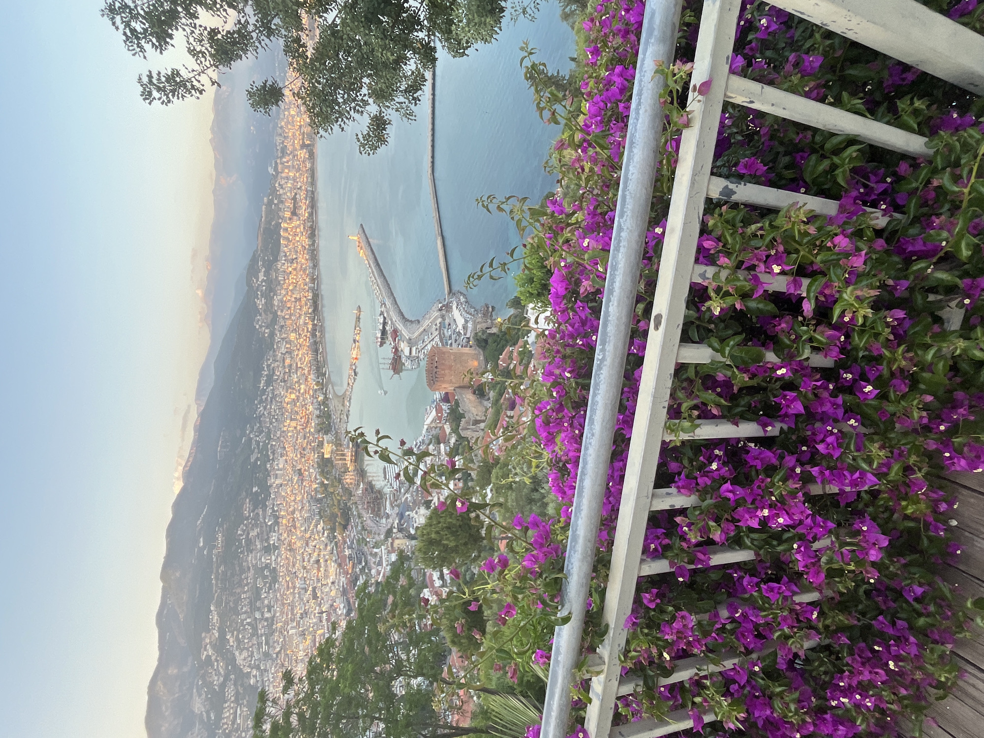 From a high vantage point, the photograph captures a panoramic view of Alanya, Turkey, at what appears to be sunset or early evening. The city stretches along the coastline, backed by mountains fading into the distance. A pier extends into the water, dividing the scene. A structure resembling a tower is visible near the center. A railing covered in purple bougainvillea frames the right side of the image.