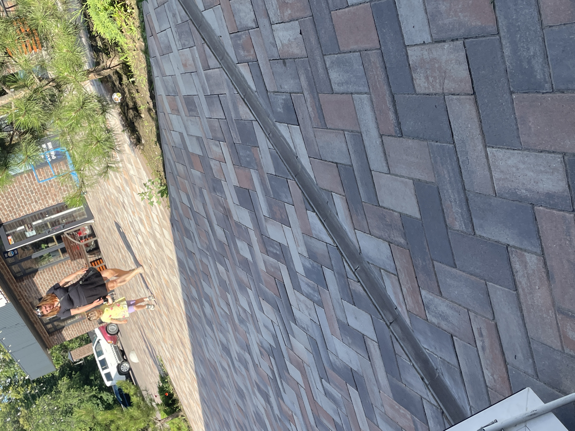 A woman in a black dress and a young girl in a yellow dress walk across a brick-patterned walkway. The woman is walking forward, looking down, and the girl is walking slightly ahead of her. Behind them, a white SUV is parked in front of a building with large windows and brick walls. A small pine tree is to the right of the subjects. The scene is outdoors, with sunlight casting shadows on the walkway.