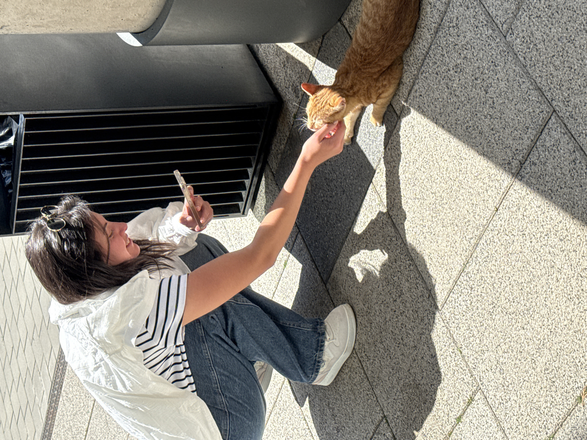 A young woman kneels on a light-gray tiled surface, likely a sidewalk, feeding a ginger cat. She wears jeans, a white and black striped shirt, a white jacket, and white sneakers. Sunglasses are perched on her head. She extends her right hand to the cat, which is eating from her hand. In her left hand, she holds a mobile phone. A dark, rectangular object, possibly a planter or a part of street furniture, is to her left. The location is likely Sofia, Bulgaria, based on visual cues and common architectural elements found in the city. Sunlight casts shadows of the woman and cat onto the tiles.