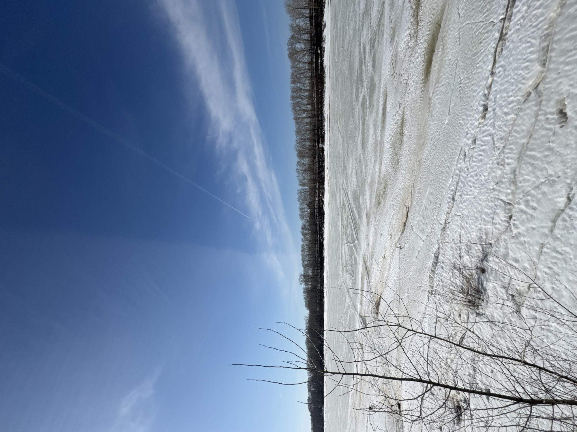 The image shows a frozen body of water in Chaikovsky, Russia. The ice is thick and covered with snow. A line of trees separates the water from a clear blue sky with contrails. Bare branches of trees are in the foreground.