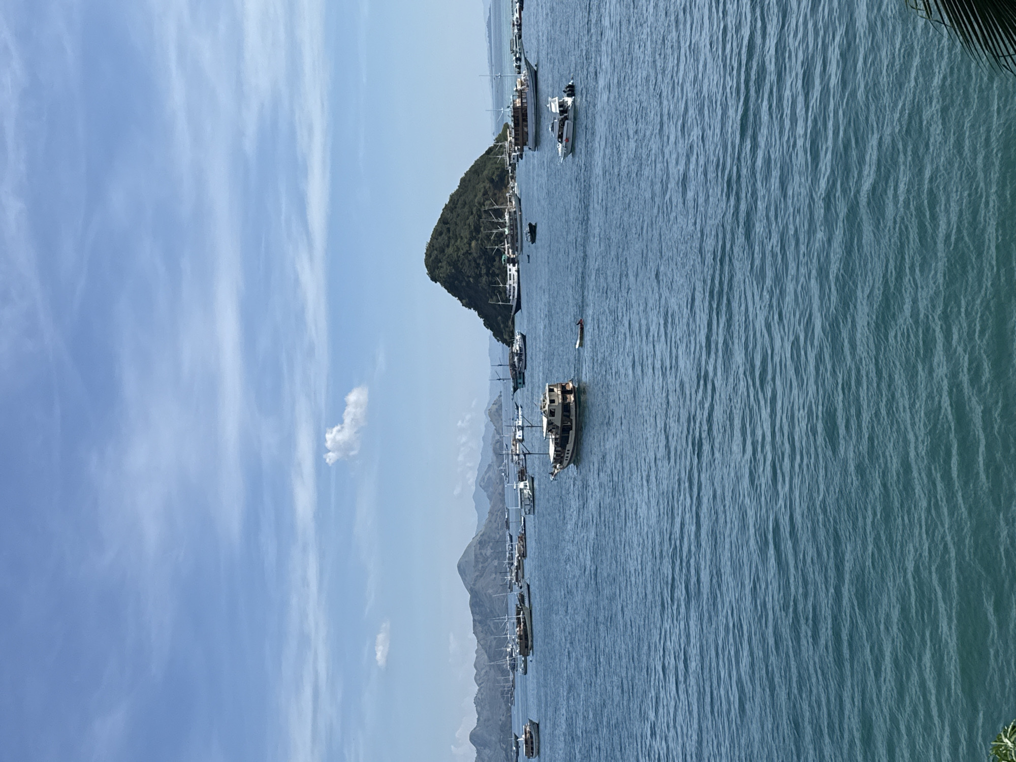 The image shows a body of water, likely a bay or harbor, with several boats of varying sizes anchored or docked. In the background, there is a mountainous landscape. The water is calm, with slight ripples, and the sky is clear with some wispy clouds. There is a small, triangular, lush green island. The scene appears to be in Labuan Bajo, Indonesia, based on the landscape, the types of boats, and the general atmosphere of the image.