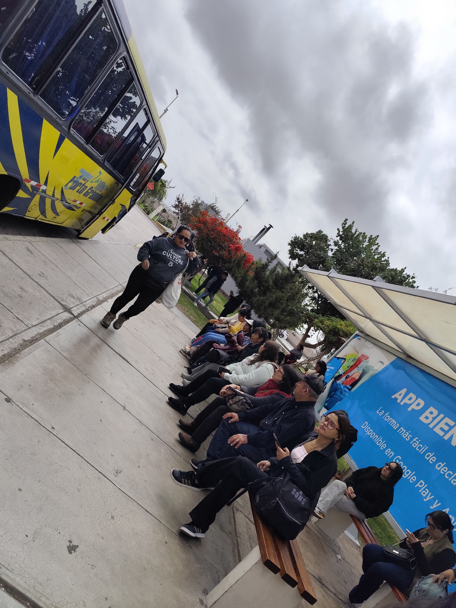 The image captures a street scene at a bus stop in Tacna, Peru. A yellow and blue bus is parked on the left side of the frame. In the foreground, a woman in a gray hoodie and black leggings stands on a concrete sidewalk, facing away from the camera. She is holding a white bag over her shoulder and appears to be interacting with someone on the bus.
A row of people are seated on wooden benches to the right, forming a queue at the bus stop. They are dressed in casual clothing, and several individuals are looking at their phones. The background features trees, a building with a white awning, and a cloudy sky. A blue advertisement poster is visible on the right side of the bus stop shelter. The overall scene suggests a typical day at a public transportation hub.