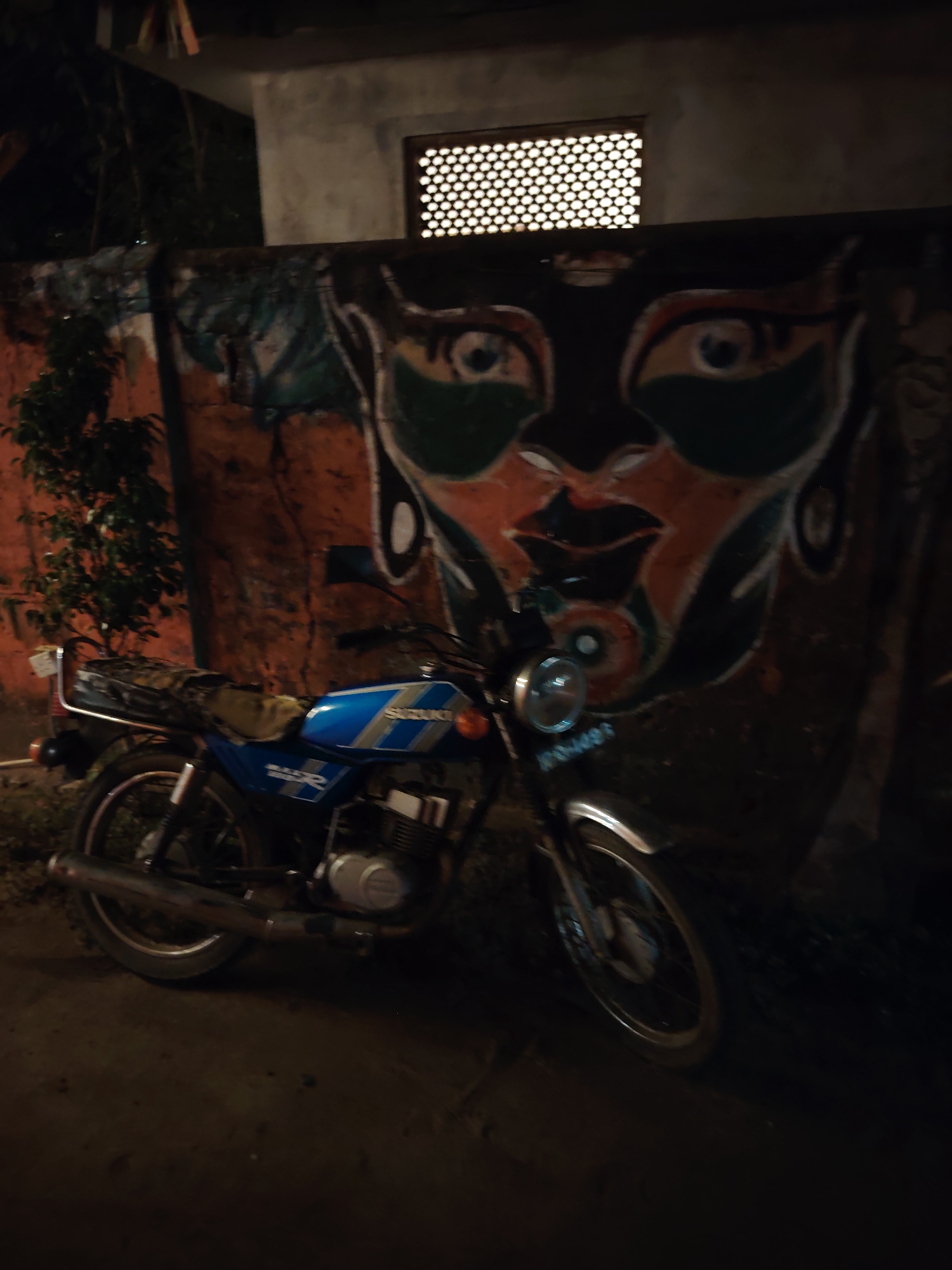 A blue Suzuki motorcycle is parked in front of a wall painted with a large, stylized face in black, orange, and green. The motorcycle has a camouflage-patterned bag on its rear rack. To the left of the motorcycle is a small tree with green leaves. Above the wall is a building with a grey facade and a window covered by a patterned screen. The scene appears to be outdoors at night, with the area around the motorcycle dimly lit. The location is identified as Unknown, Unknown.