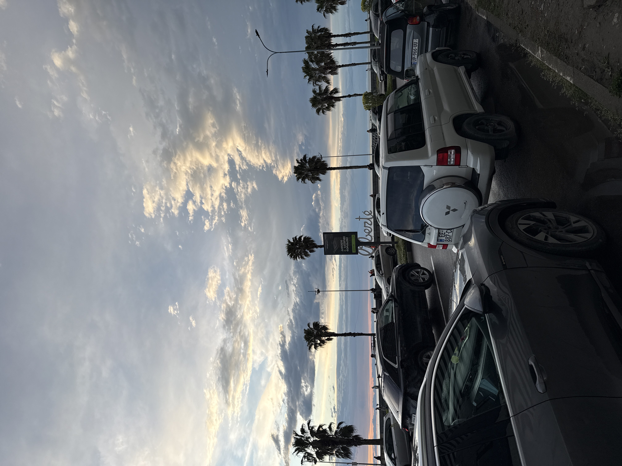 The image captures a parking area along a street in Batumi, Georgia, identifiable by a sign with Georgian script. Several parked cars, including a white Mitsubishi Pajero with a visible spare tire on the back and a dark sedan, line the street. Palm trees are planted along the street, silhouetted against a sky with streaks of sunset colors peeking through the clouds. Streetlights are also visible among the palm trees. People are walking near the parked cars. The light suggests it is either dawn or dusk.