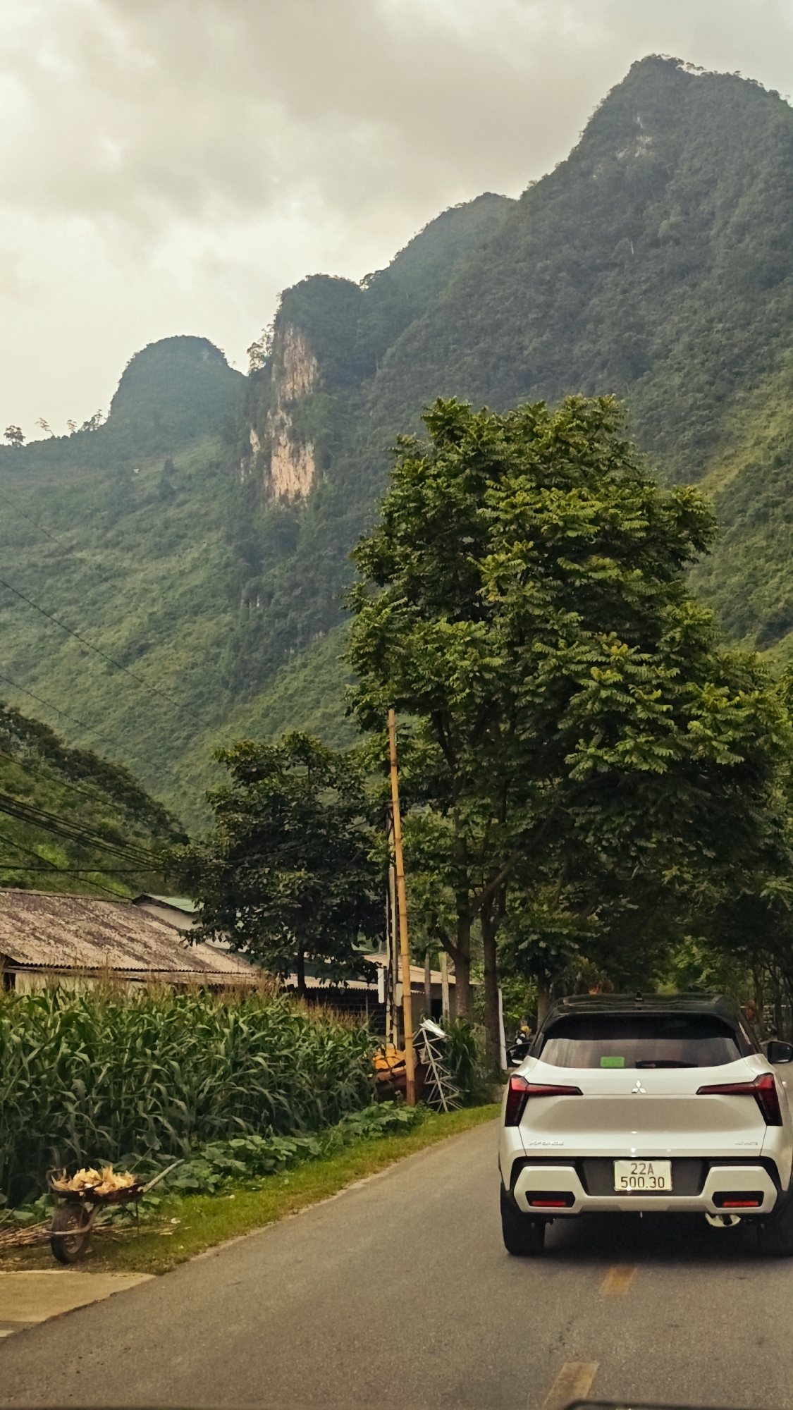 The image captures a scene in Cán Tỷ Commune, Vietnam, featuring a white Mitsubishi Xpander HEV car with license plate "22A 500.30" driving on an asphalt road. The back of the car is facing the viewer. To the left of the road, there's a cornfield growing alongside a house with a corrugated iron roof. A wheelbarrow filled with what appears to be corn or harvested crops sits on the side of the road near the field. A large, verdant mountain range looms in the background, partially obscured by trees and overcast skies. Power lines are visible above the house. The scene suggests a rural or semi-rural setting.