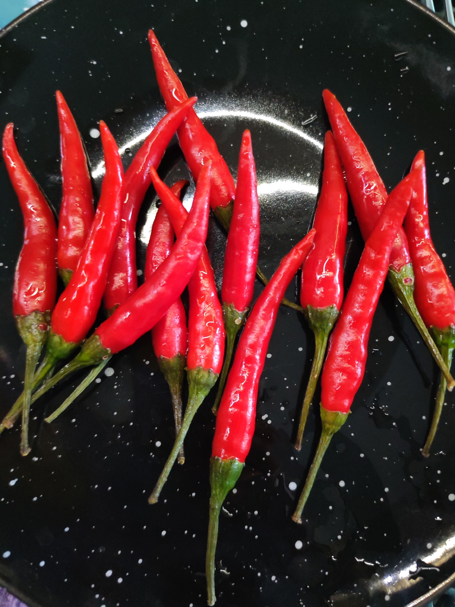 The media file shows a close-up, top-down view of a pile of bright red chili peppers on a black speckled plate. The peppers are long and slender, with some showing green stems. They appear to be fresh, with a glossy sheen and a few water droplets visible on their surfaces, suggesting they may have been recently washed. The background is a dark, speckled plate, providing a stark contrast to the vibrant red of the peppers. The lighting is even and bright, indicating it might be daytime, though no specific time of day can be determined. There are no people or text visible in the image. The setting appears to be a kitchen or dining area, given the presence of a plate. The overall impression is of a fresh, raw ingredient ready for use in cooking.