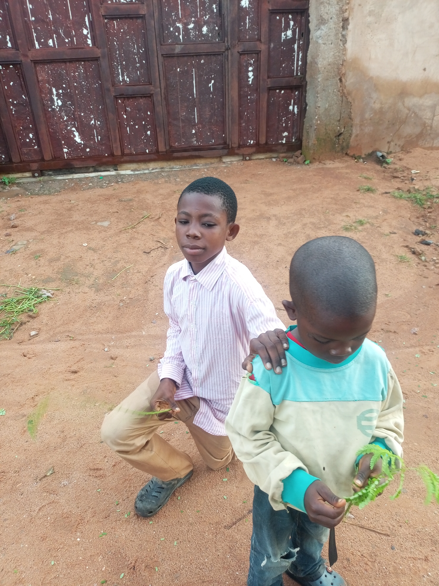 The image depicts two young boys in an outdoor setting with a dirt ground and a rustic, weathered metal gate in the background. The boy on the left, wearing a pink and white striped long-sleeved shirt and tan pants, is kneeling. He holds a few green leaves in his right hand. The boy on the right, wearing a light-colored long-sleeved shirt with teal accents and blue jeans, is standing and looking down at green leaves he holds in his right hand. The boy on the left has his left hand resting on the shoulder of the standing boy. The environment suggests a humble, possibly rural or semi-urban area, consistent with a location in Tempure, Nigeria. The ground is composed of reddish-brown dirt with scattered debris and sparse vegetation. The gate appears old, with a dark brown, heavily distressed surface and white paint splatters. A textured, unpainted concrete wall is visible to the right of the gate.