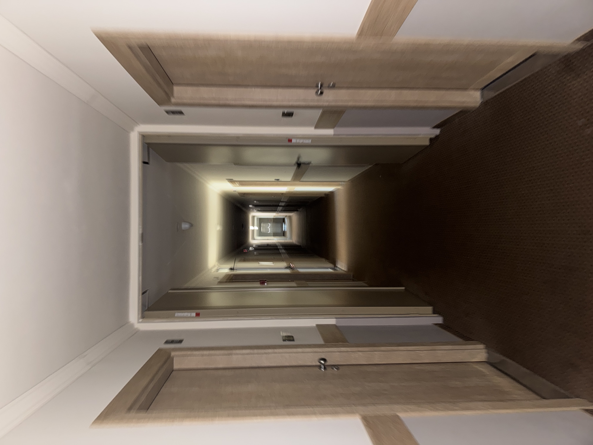 The image shows a long, dimly lit hotel hallway with doors on either side. The hallway is carpeted in a dark brown, patterned material. The walls are painted white with a light wood trim running horizontally. The doors appear to be made of a light-colored wood. Fluorescent lighting illuminates the hallway from the ceiling, casting long shadows. The perspective suggests a camera is positioned in the middle of the hallway, looking down its length towards a brighter area at the far end. The image has a slight blur, particularly towards the edges, suggesting motion or a shallow depth of field. There are no people visible in the image. The architecture and decor are generic and do not provide specific clues to a location in Nesebar, Bulgaria, beyond it being an indoor, likely commercial or residential, establishment such as a hotel.
