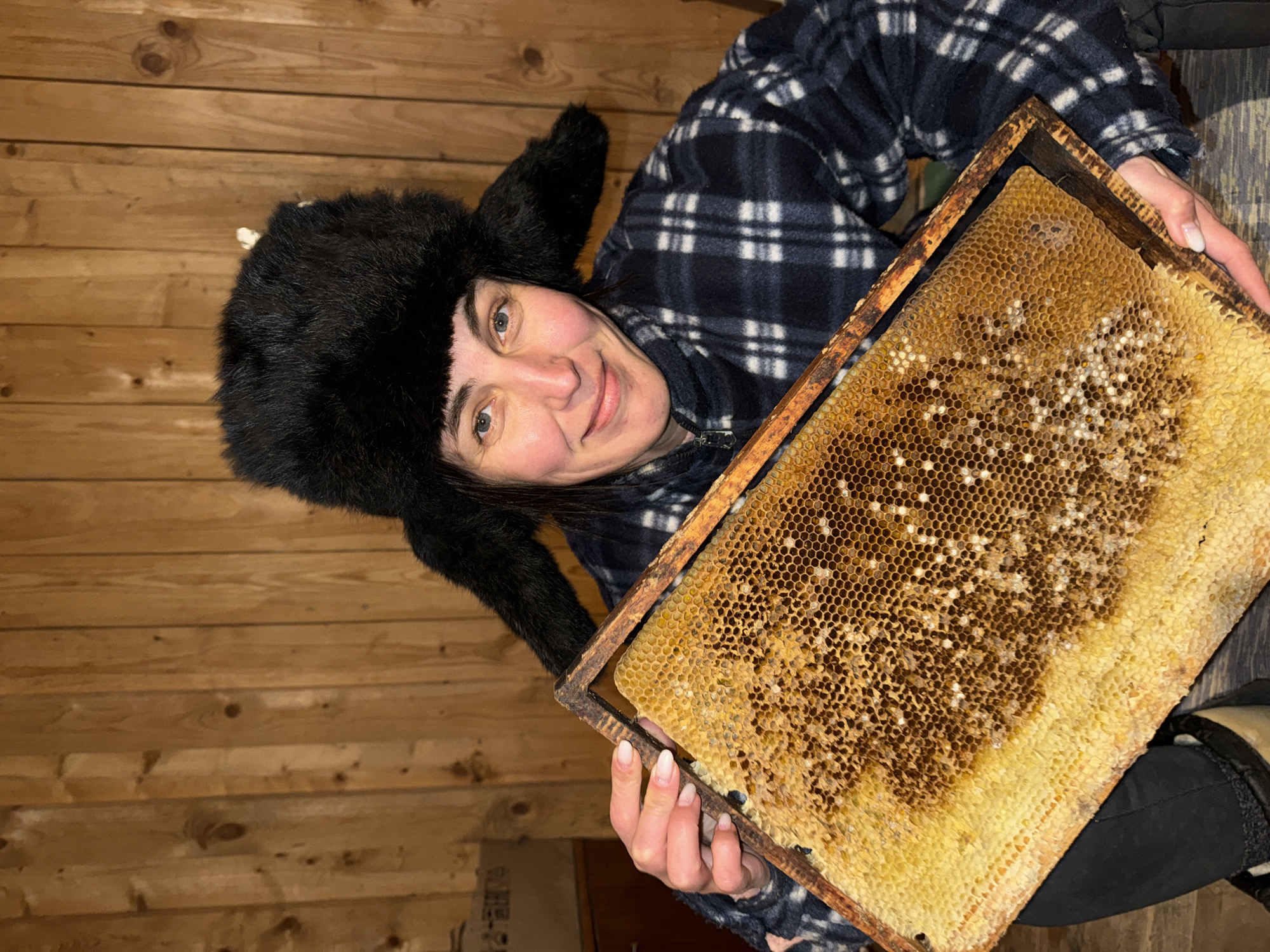 A woman with a warm, gentle smile looks directly at the viewer, holding a wooden frame filled with honeycomb. She has dark hair and bright blue-grey eyes. She is wearing a black, fur-like hat, similar to an ushanka, with its ear flaps down, and a blue and white plaid fleece jacket.
The honeycomb frame she holds displays a rich tapestry of hexagonal cells. Some areas are covered with light-colored capping, indicating ripe honey, while other darker sections show uncapped cells, likely containing honey, pollen, or brood. Her hands, with neatly manicured fingernails, carefully support the frame.
The setting is indoors, characterized by rustic light-brown wooden plank walls in the background, suggesting a cabin or similar wooden structure. The overall impression is one of coziness and a connection to nature's bounty. The woman's expression conveys happiness and pride in the honeycomb she is presenting. The scene is set in Вассята, Russia. Faint, indistinct text can be seen on a box in the lower left portion of the background, but it is not legible.