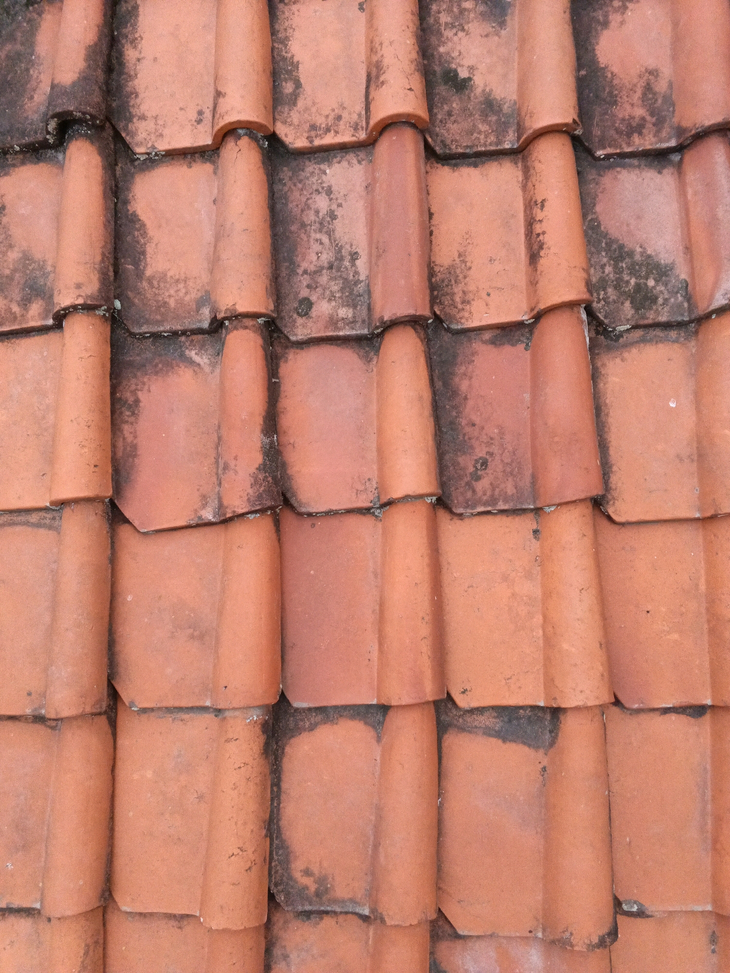 This is a close-up, overhead shot of a terracotta tiled roof, likely in Wates, Indonesia. The tiles are predominantly orange-red, with some areas showing significant weathering and discoloration from dark grey to black, suggesting age and exposure to the elements. The texture of the tiles is rough and uneven, with some exhibiting a curved profile. The arrangement of the tiles is in overlapping rows, a common roofing pattern. No people, actions, or specific environmental features beyond the roof itself are visible.