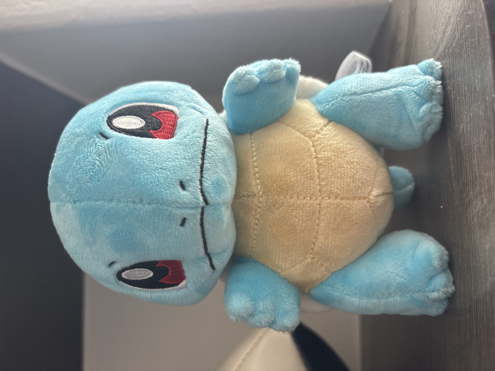 A plush toy of Squirtle, a Pokémon character, is photographed indoors, seemingly propped against a dark gray wooden surface. The toy has a light blue head and limbs, with a tan shell. Its facial features are embroidered: the eyes are outlined in black with white and red accents, and there is a small black line suggesting a smile. The toy appears to be in good condition. The photograph was taken in Jesús del Monte, Mexico.