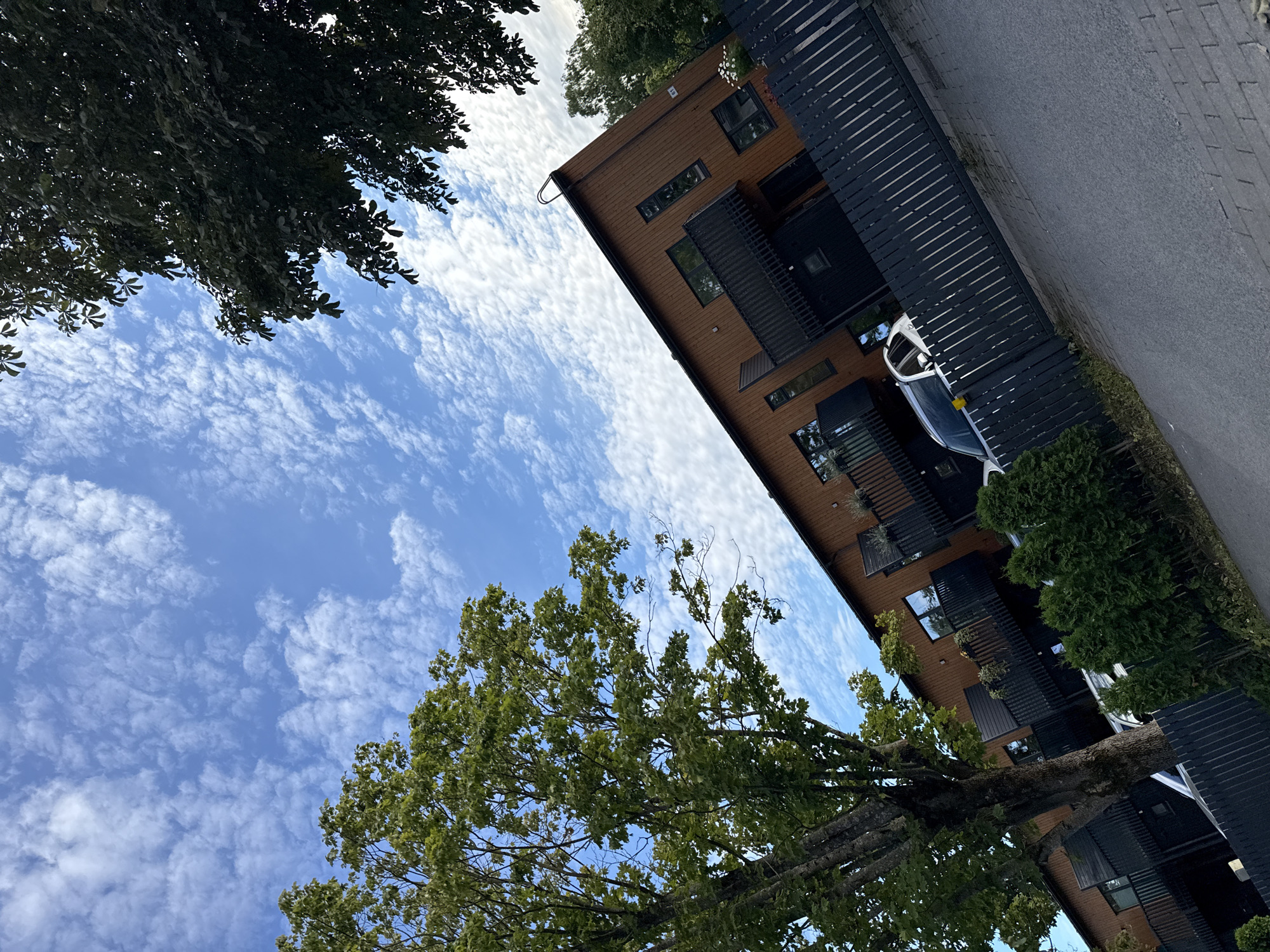This is a low-angle, wide shot of a modern building with a wooden facade and black accents, set against a bright blue sky filled with wispy white clouds. Tall trees with green foliage frame the scene, with one large tree trunk prominently featured in the foreground. To the right of the building, a dark-slatted fence runs parallel to a paved walkway or road. A white car is parked alongside the fence, partially obscured by the fence and some greenery. The overall impression is one of a well-maintained, contemporary residential or commercial property, likely captured during the daytime. The weather appears to be clear and pleasant. There is no visible text in the image.