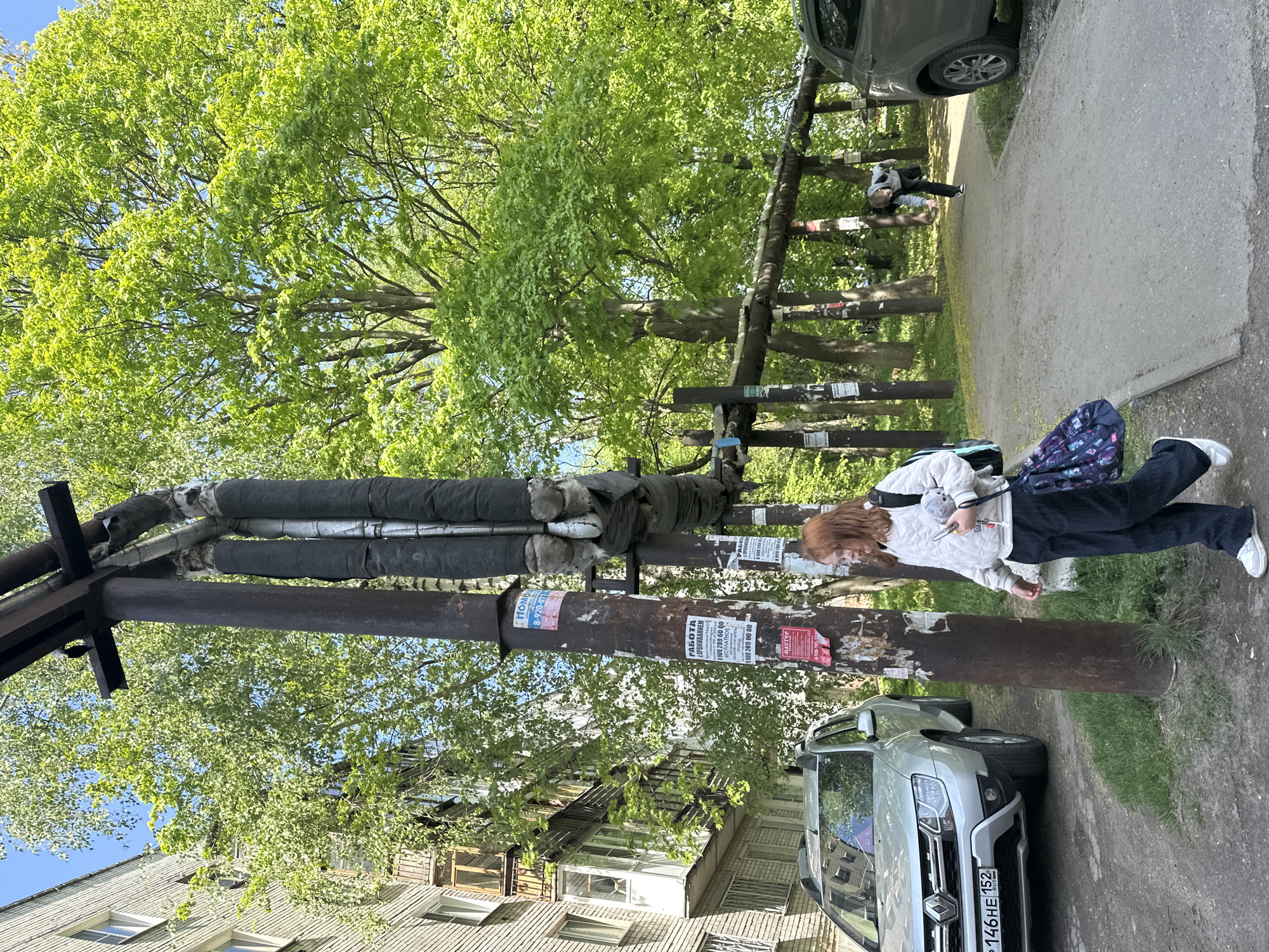 A street scene in Nizhny Novgorod, Russia. A woman is standing near a utility pole with pipes. The pole is covered in advertisements. A silver Renault Duster is parked nearby with a license plate "146HE 152". In the background are trees and a building. Other utility poles can be seen in the background as well. Someone is sitting on the far utility pole in the background.
