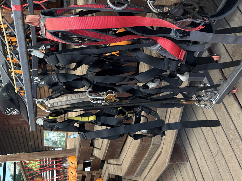 A metal rack holds several harnesses, mostly black with some red and yellow, for a high ropes course or ziplining. Metal clips and other hardware are attached to the harnesses. In the background, a wooden structure is visible, along with a glimpse of a red rope bridge. Some helmets are visible at the lower edge of the image. A black baseball cap is on the rack.