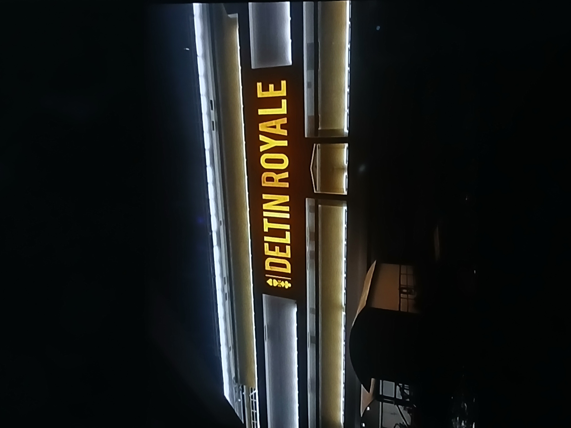 The image shows a vertically oriented sign that reads "DELTIN ROYALE" in yellow illuminated letters. The sign is situated on a building or structure with vertical white light strips. The location is the Deltin Royale Casino in Bengaluru, India. Other details are obscured by darkness.