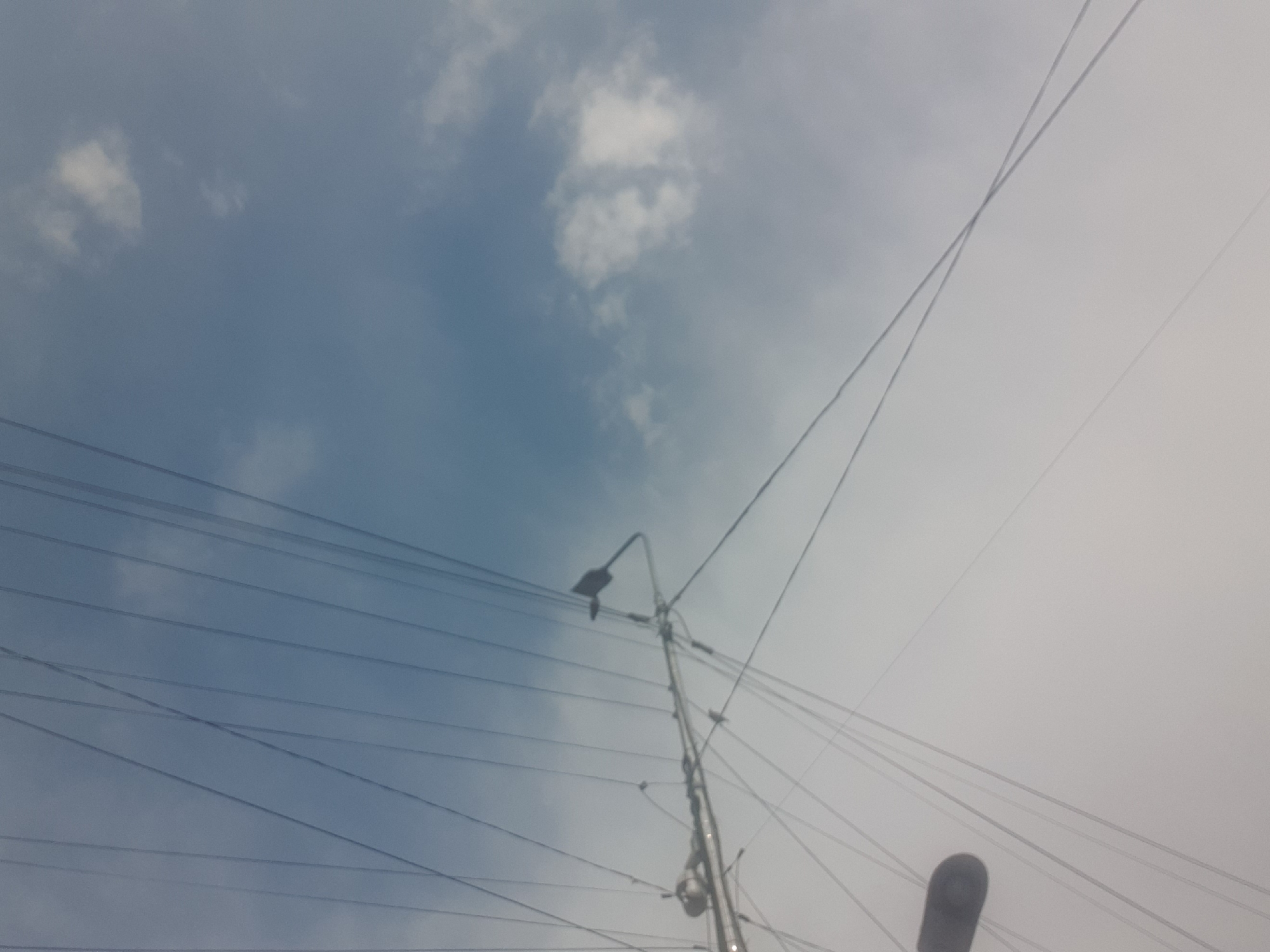 The image shows a low-angle view of telephone or power lines against a cloudy sky. A street light fixture is visible on a pole among the wires. The overall scene appears to be an urban or suburban environment, possibly in Shymkent, Kazakhstan, characterized by overhead infrastructure. The lighting suggests it is daytime.