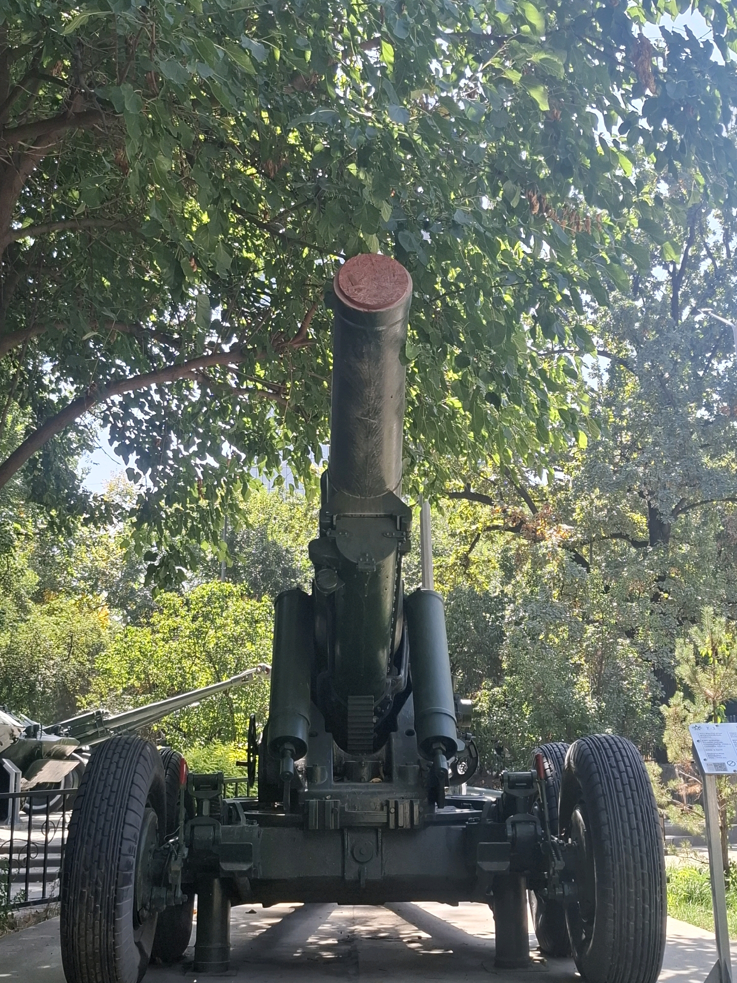The image shows a large, dark green mortar positioned outdoors, seemingly as a museum exhibit. The mortar is mounted on a wheeled carriage with two large tires visible in the foreground. The barrel of the mortar is pointed upwards, with a reddish-brown cap at its opening. Lush green trees with dense foliage form a canopy overhead, dappled with sunlight. In the background, other trees and a fence are visible. To the right of the mortar, a white sign with blue text and symbols is posted. The overall scene suggests a park or an outdoor military museum. The location is specified as the Almaty Museum of Weapons and Military Equipment in Almaty, Kazakhstan. No people are visible in the image.