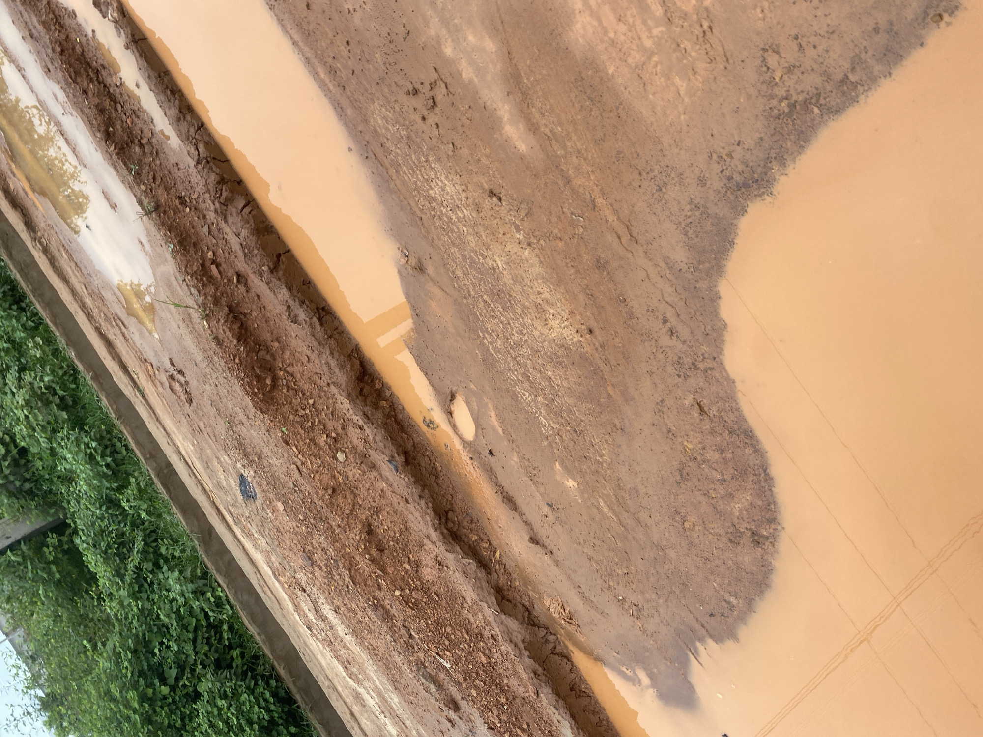 The image shows a very muddy, rutted road with large puddles of water, characteristic of the rainy season in Lafia, Nigeria. The road surface is primarily red clay soil, deeply eroded in places, creating uneven terrain. Several tire tracks are visible in the mud and submerged in the water, indicating recent vehicular traffic. Lush green vegetation is present along the left side of the road, bordering a concrete structure that appears to be a drainage channel or wall. The sky is overcast, contributing to the muted lighting. The scene depicts a typical, unpaved rural or semi-urban road in Lafia during inclement weather.