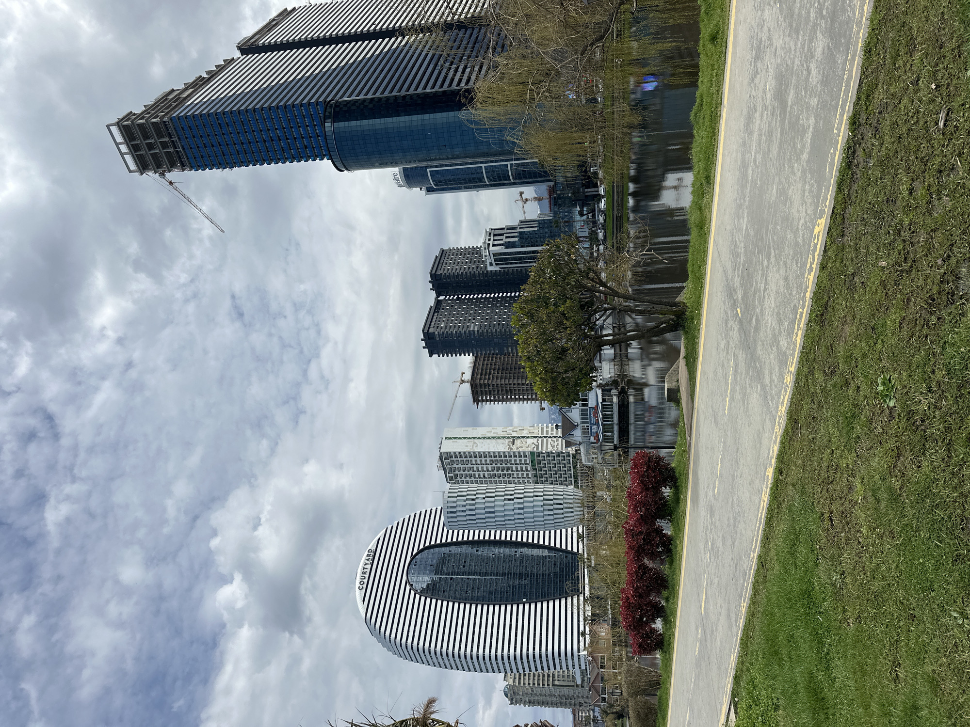 The image shows a view in Batumi, Georgia. The foreground features a concrete walkway bordered by grass and red shrubs. In the background, several tall buildings dominate the skyline, including a distinctive curved building with black and white vertical stripes labeled "Courtyard." A body of water, likely a lake or river, reflects the buildings. The sky is cloudy. A construction crane can be seen near the top of one of the buildings.