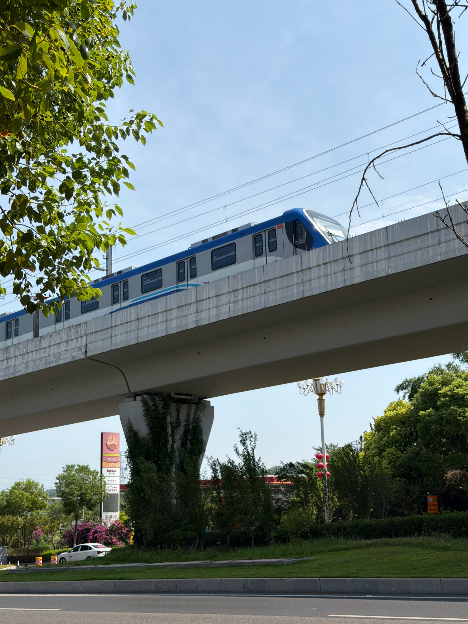 An elevated blue and silver train travels along an elevated track in Jiangjin, China. The track is supported by a large concrete structure, partially covered in ivy. Below the track, a white car is parked on the side of a road, which is lined with green grass and trees. A tall sign with Chinese characters and logos is visible in the background. The sky is clear and blue.