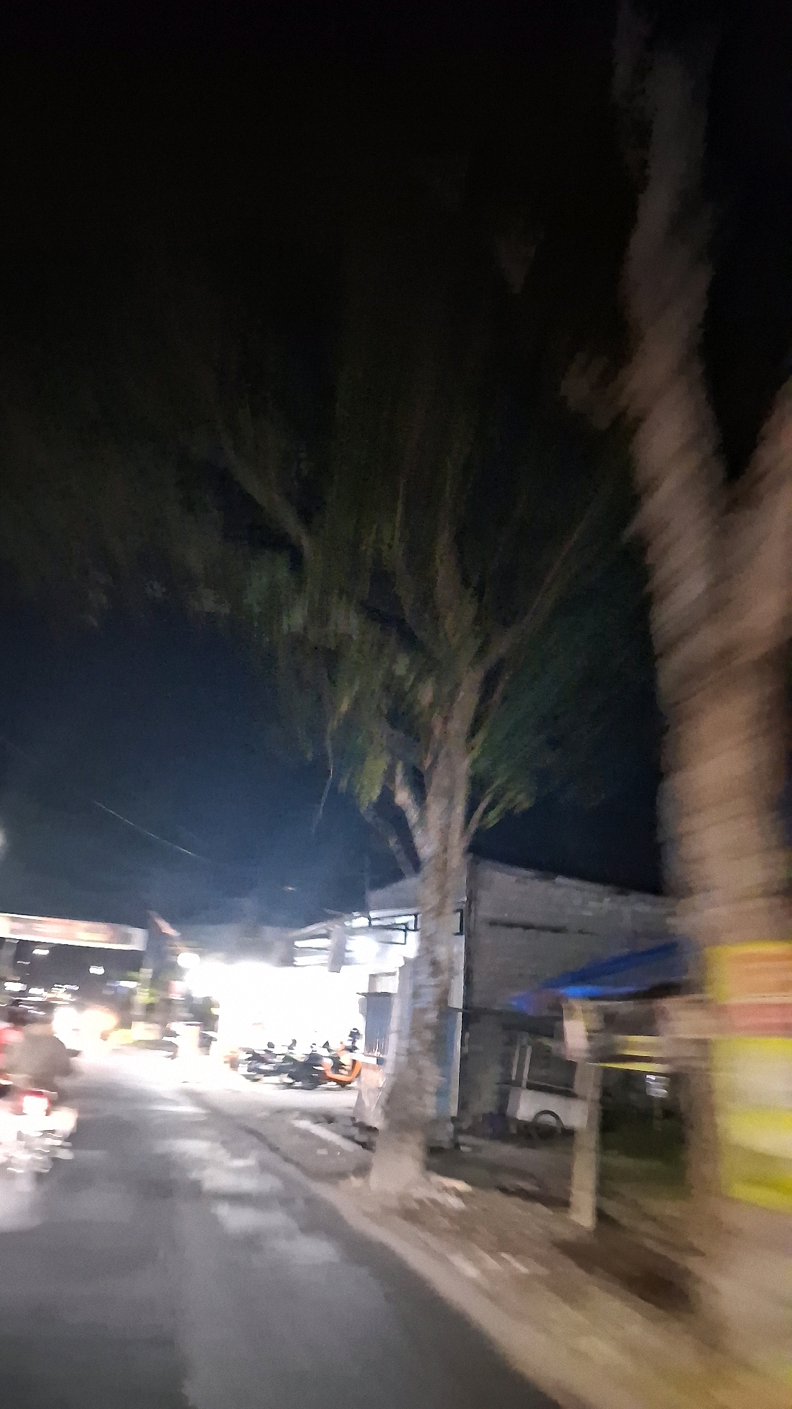 The image depicts a street scene at night in Berbah, Indonesia. A prominent tree with sparse foliage stands in the foreground to the right, its trunk blurred due to motion. To the left, a road curves away, with several motorcycles and a few figures visible, suggesting ongoing activity. Buildings with illuminated windows line the right side of the street, some appearing to be shops or food stalls. A white cart with a blue tarp is parked near one of the buildings. The overall impression is one of a bustling, albeit blurry, night-time street environment.
