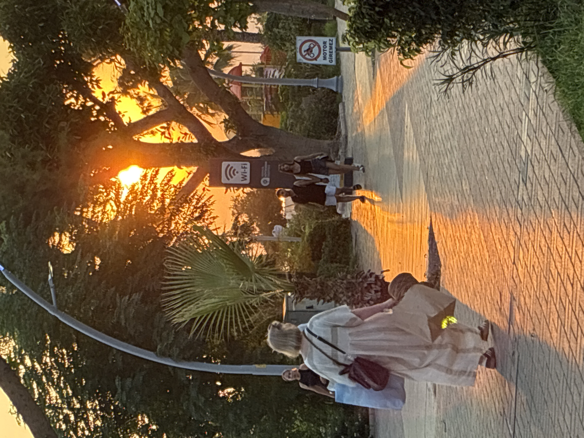 In Alanya, Turkey, at sunset, people walk along a paved walkway lined with trees and greenery. The sun's warm light casts long shadows and illuminates the scene. A woman in a light-colored dress walks away from the camera, carrying shopping bags and a purse. Further down the path, a couple walks hand-in-hand, and another woman is visible in the background. Signs for Wi-Fi and "MOTOR GIREMEZ" (No Motorcycles) are present. The environment suggests a public area, possibly a park or promenade, with recreational structures visible in the distance.