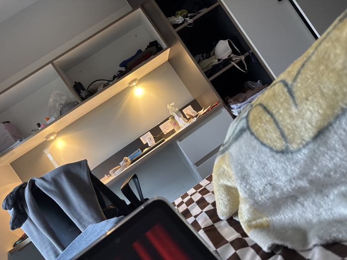 A cluttered room presents a desk and shelves adorned with various items. Illuminated by several small, warm lights under the shelves, the workspace is littered with bottles, papers, and electronic accessories. Part of a black wardrobe is visible on the right, its shelves holding clothes and other personal belongings. A backpack and a checkered blanket sit in the foreground with a tablet showing a red screen.
