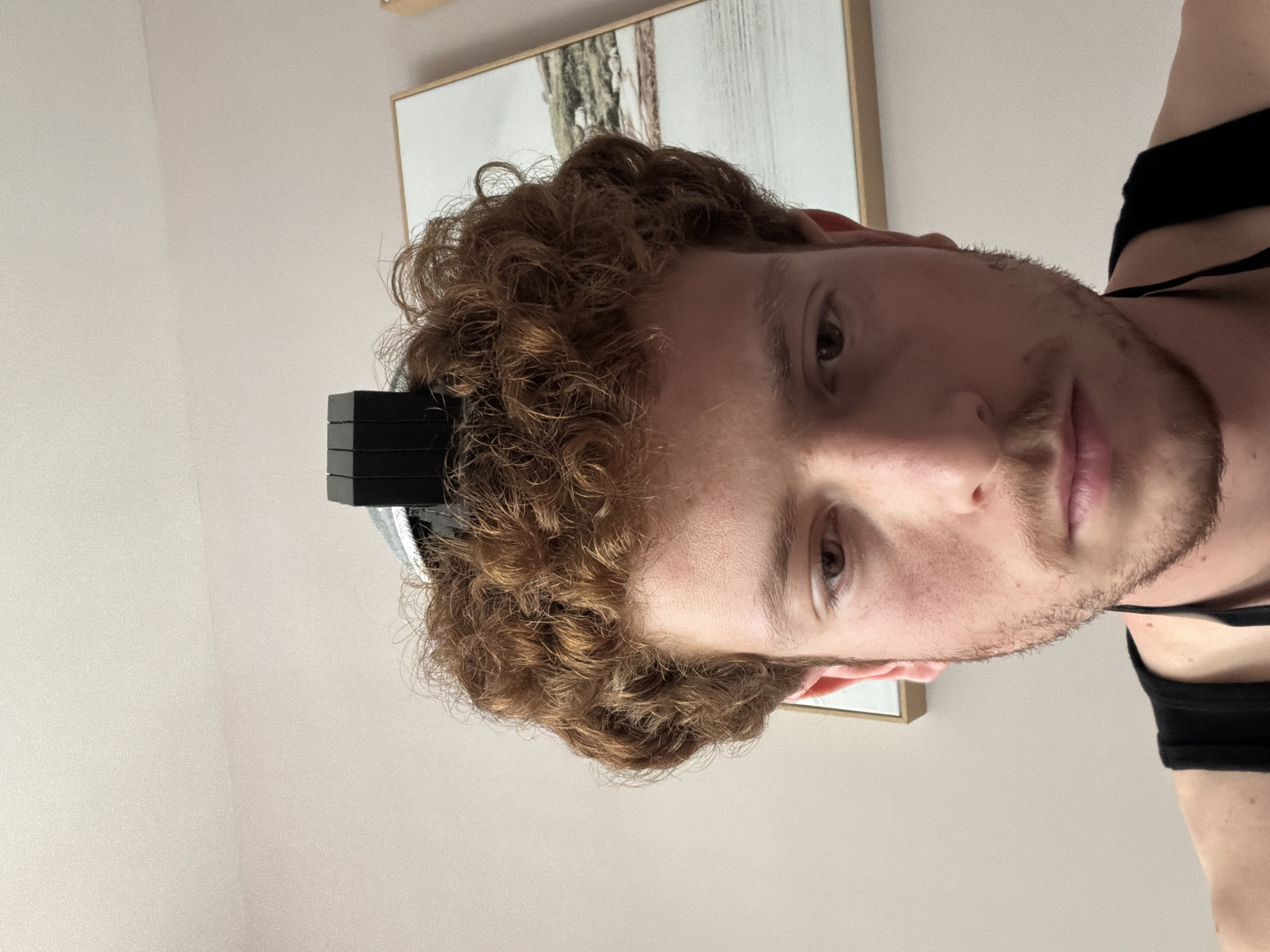 A man with reddish-brown, curly hair looks directly at the camera in a close-up, head-and-shoulders shot. He has light skin, brown eyes, and light stubble on his face. He is wearing a black top, possibly a tank top, with a thin strap visible over his shoulder.
Resting on top of his head and partially obscured by his hair is a black, rectangular device, which appears to be head-mounted technology, such as a camera or part of a VR headset. It has a metallic or silver component visible on its side and a layered design. The man's expression is neutral and direct.
The background consists of a plain, light-colored wall (off-white or beige). Behind him, a framed piece of artwork or a mirror is visible, showing abstract or naturalistic vertical textures, possibly resembling trees or brushstrokes, within a light wooden or gold-colored frame. The scene takes place indoors, likely in a room in New York, United States of America. No visible text is present in the image.