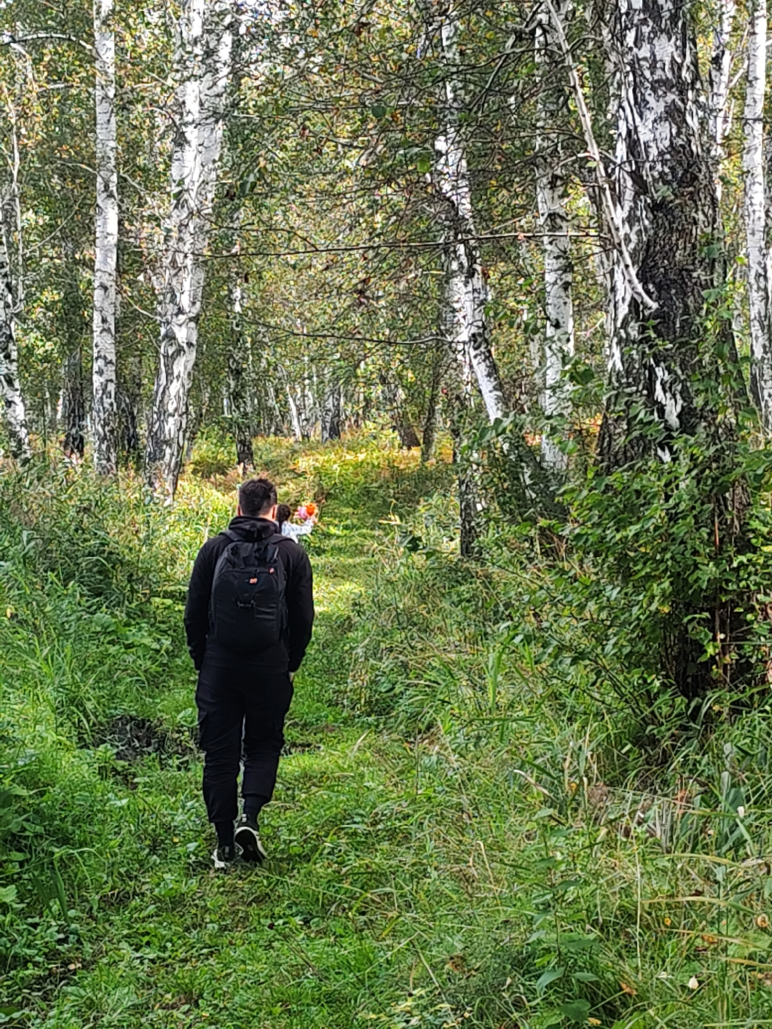 A man walks away from the camera on a path through a birch forest. He is wearing a black hooded jacket and black cargo pants, with a black backpack on. He is wearing black sneakers with white soles. In front of him, a small child in a white shirt with orange details is visible, further down the path. The forest floor is covered in lush green grass and foliage. The birch trees are tall and have distinctive white bark with black markings. The lighting suggests it is daytime, possibly overcast, with dappled sunlight filtering through the leaves.