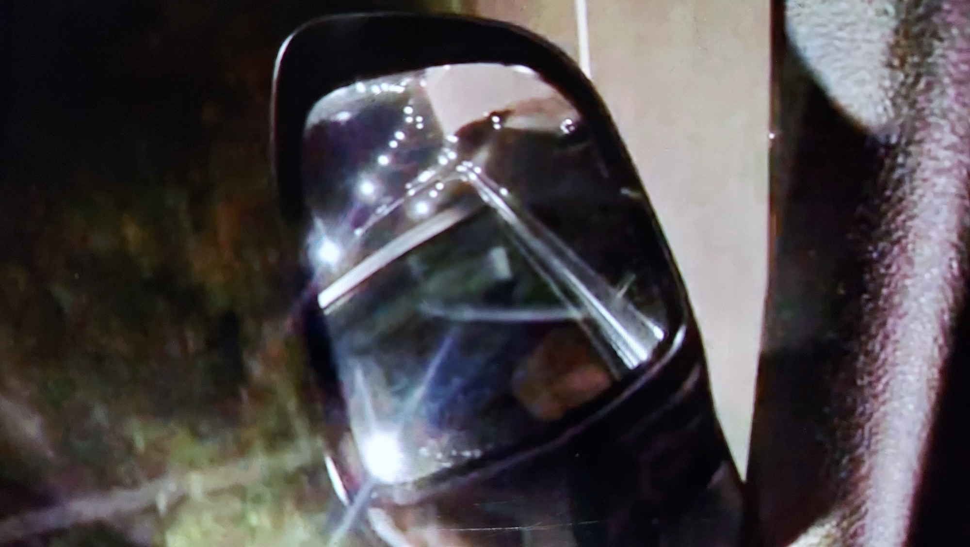 The image shows a reflection in a car's side mirror. The reflection captures what appears to be a dark, wooded area with scattered lights, possibly from string lights or buildings in the distance. The mirror itself is dark, with a black casing. Inside the reflection, the interior of the car is partially visible, with what looks like a person's shoulder and head reflected. The ground in front of the mirror appears to be a road or pavement. The overall lighting suggests it is nighttime or dusk.